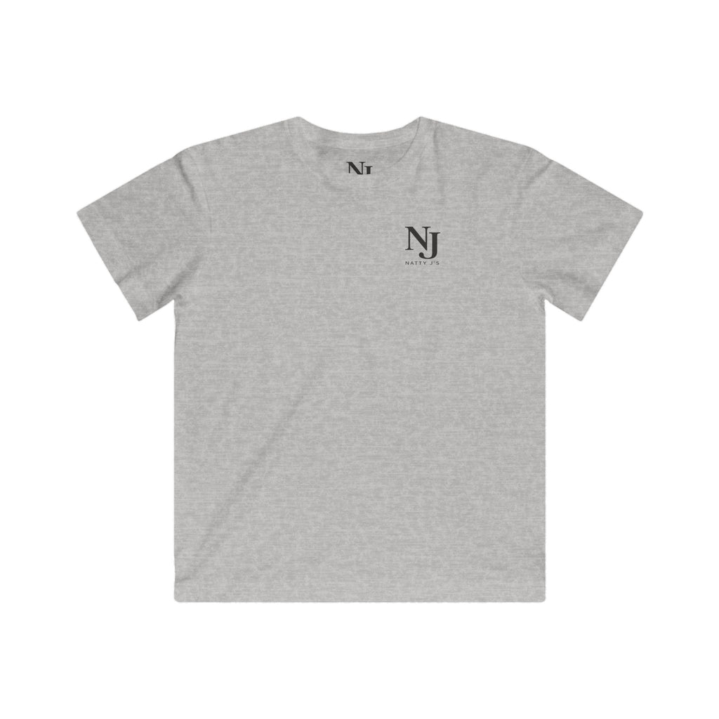 Gray t-shirt with a small logo on the chest against a white background