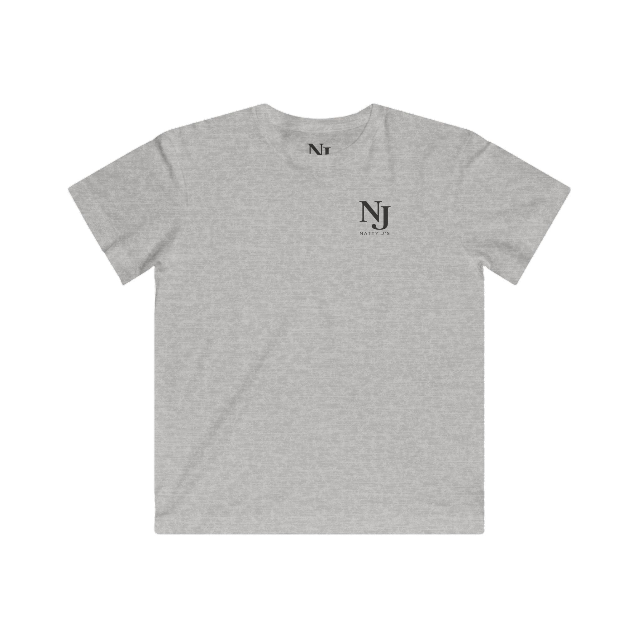 Gray t-shirt with a small logo on the chest against a white background