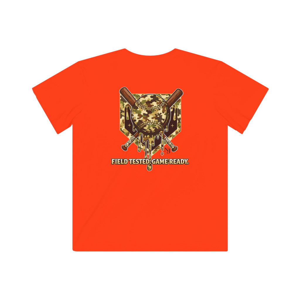 Orange t-shirt with a graphic design on the back on a white background