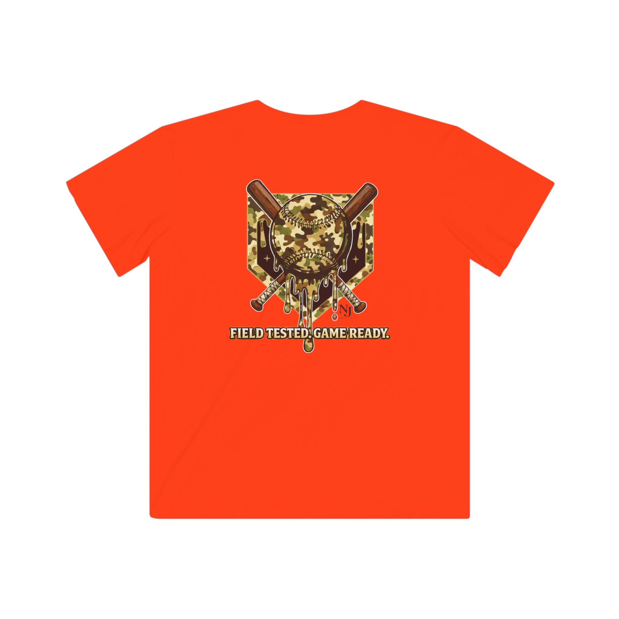 Orange t-shirt with a graphic design on the back on a white background