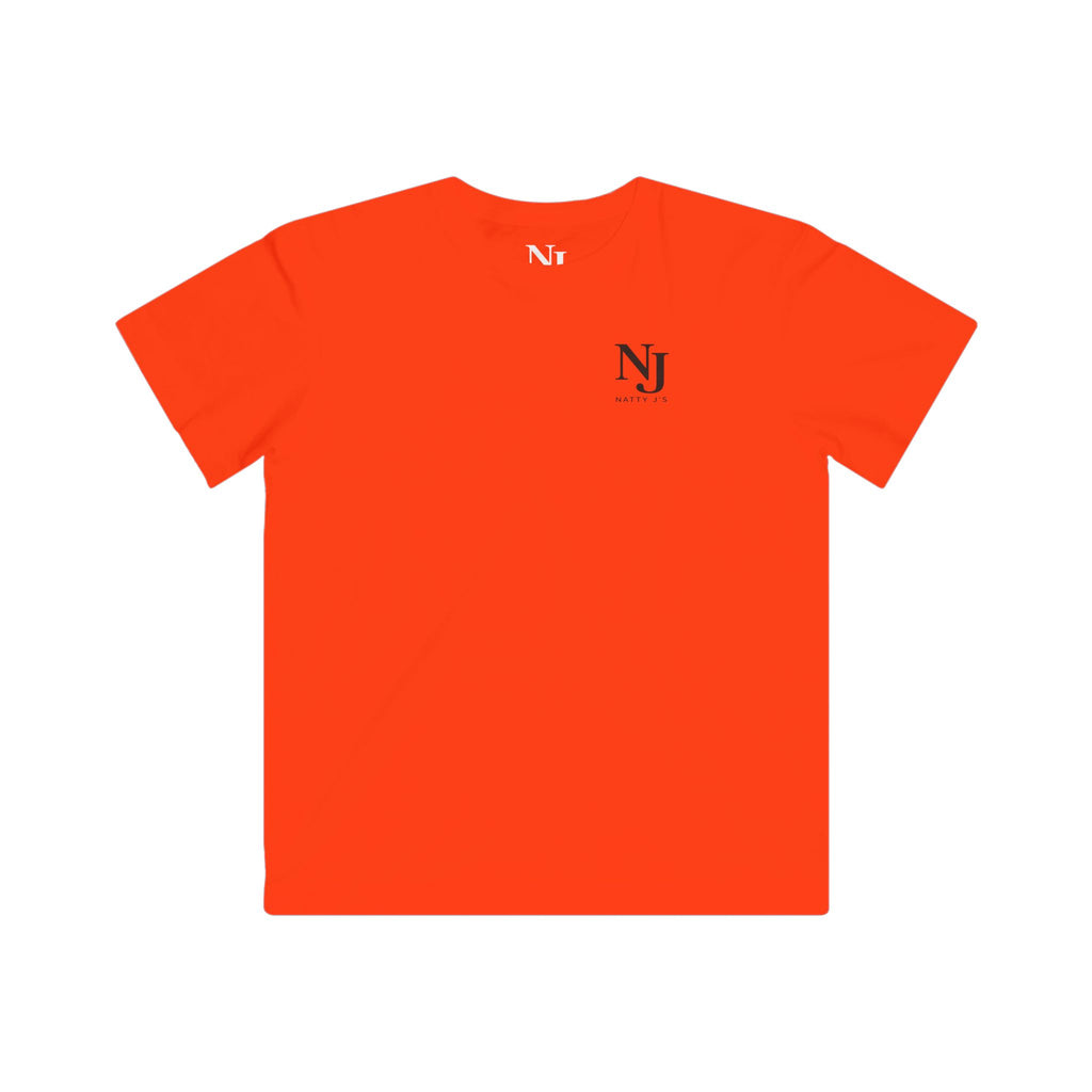 Orange t-shirt with a logo on the chest against a white background