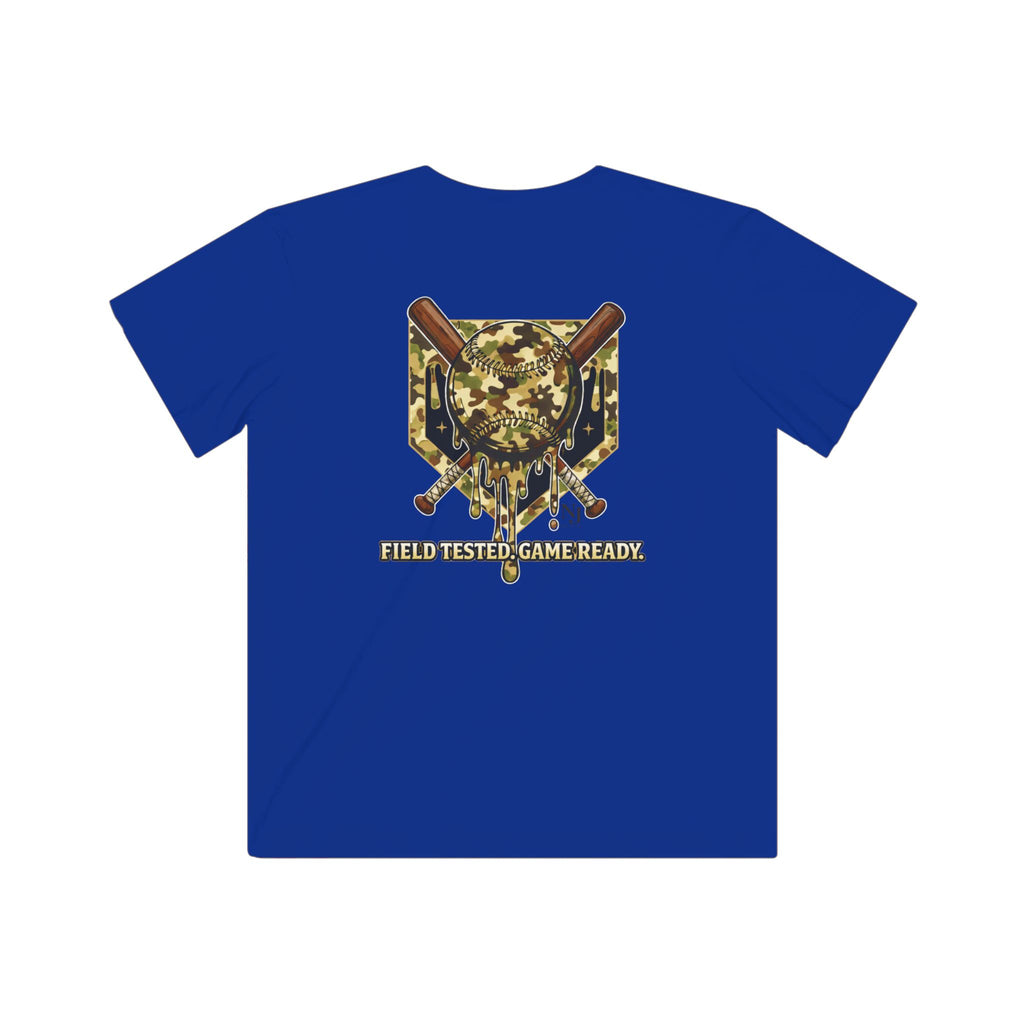 Blue t-shirt with a camouflage graphic and text on a white background