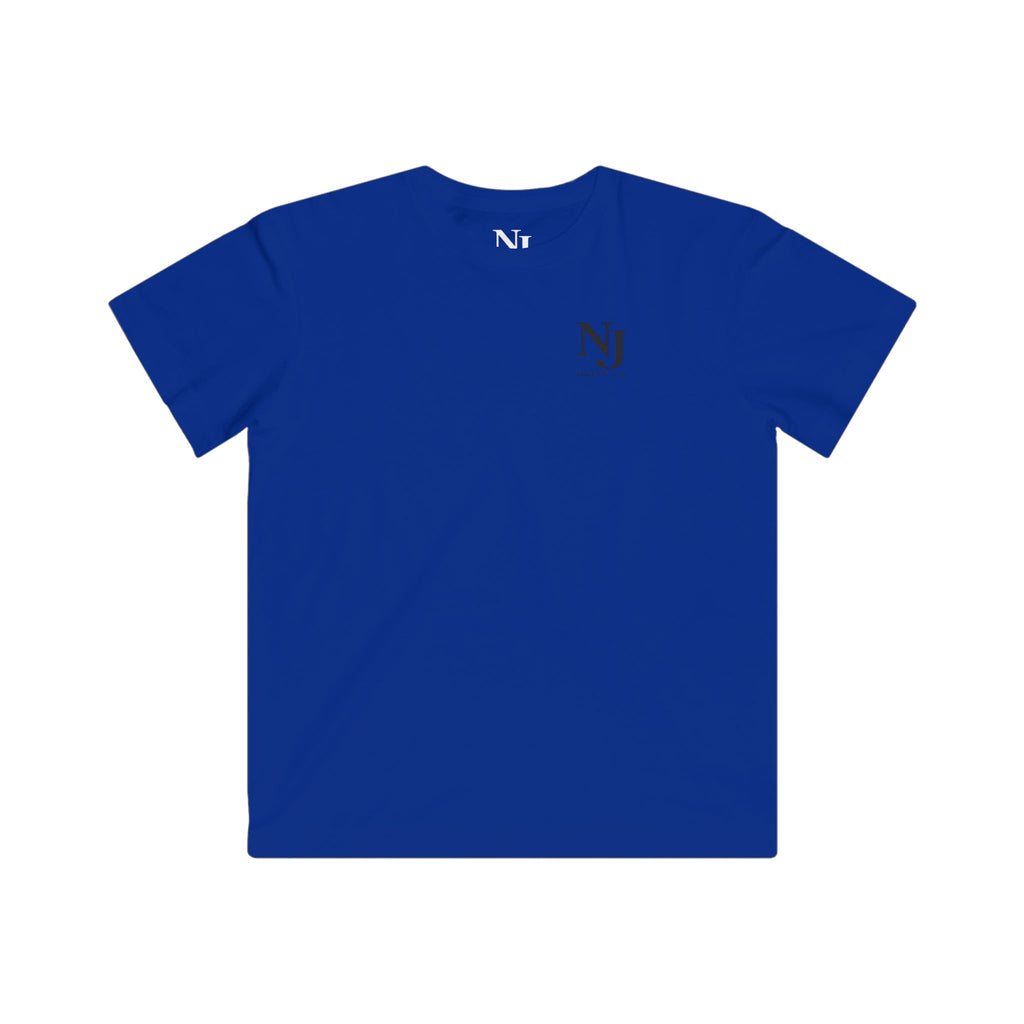 Blue t-shirt with a logo on the chest against a white background