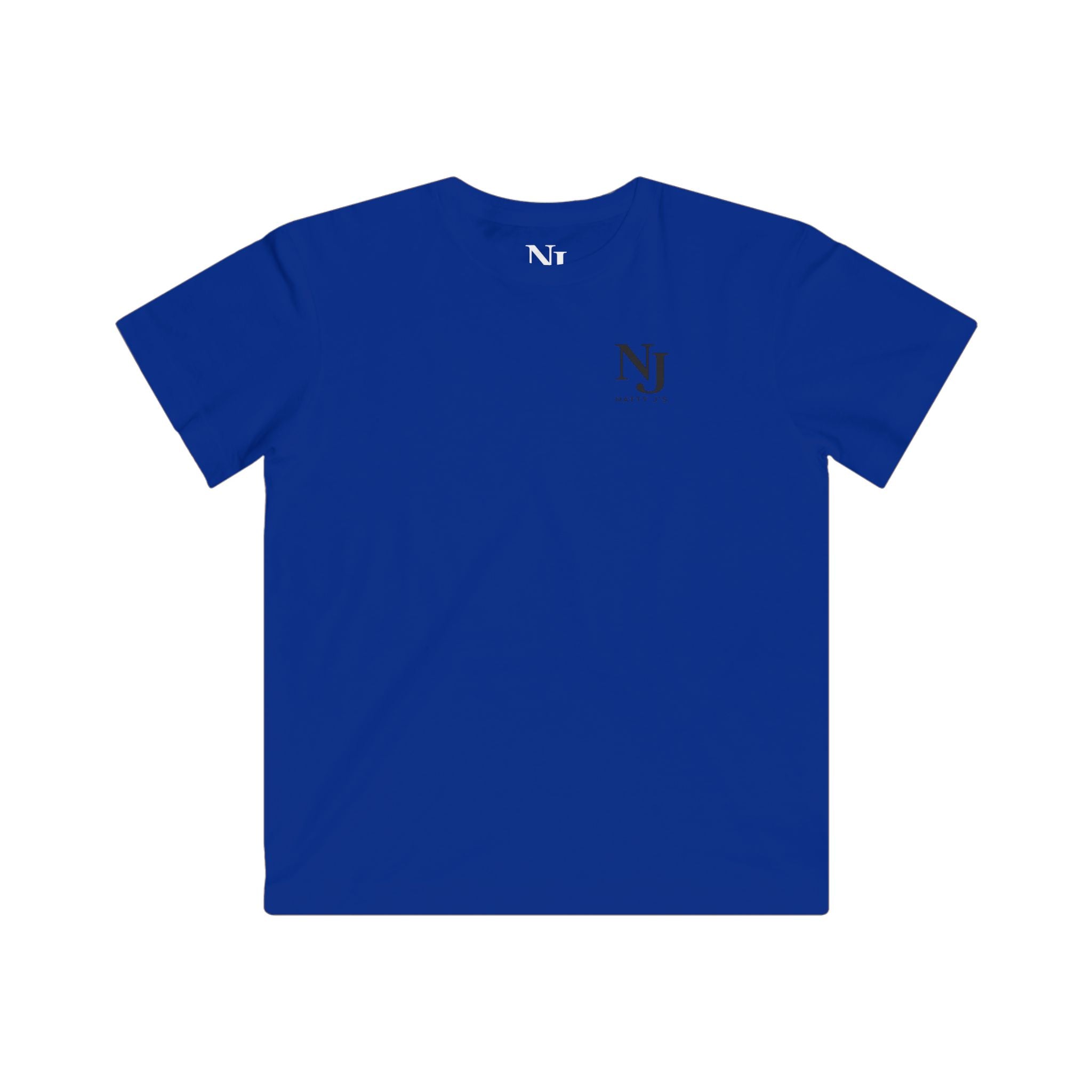 Blue t-shirt with a logo on the chest against a white background