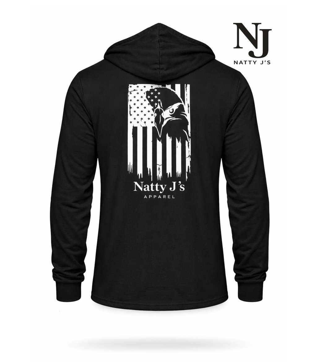 Black hoodie with Eagle Flag and 'Natty J's Apparel' logo and design on a white background