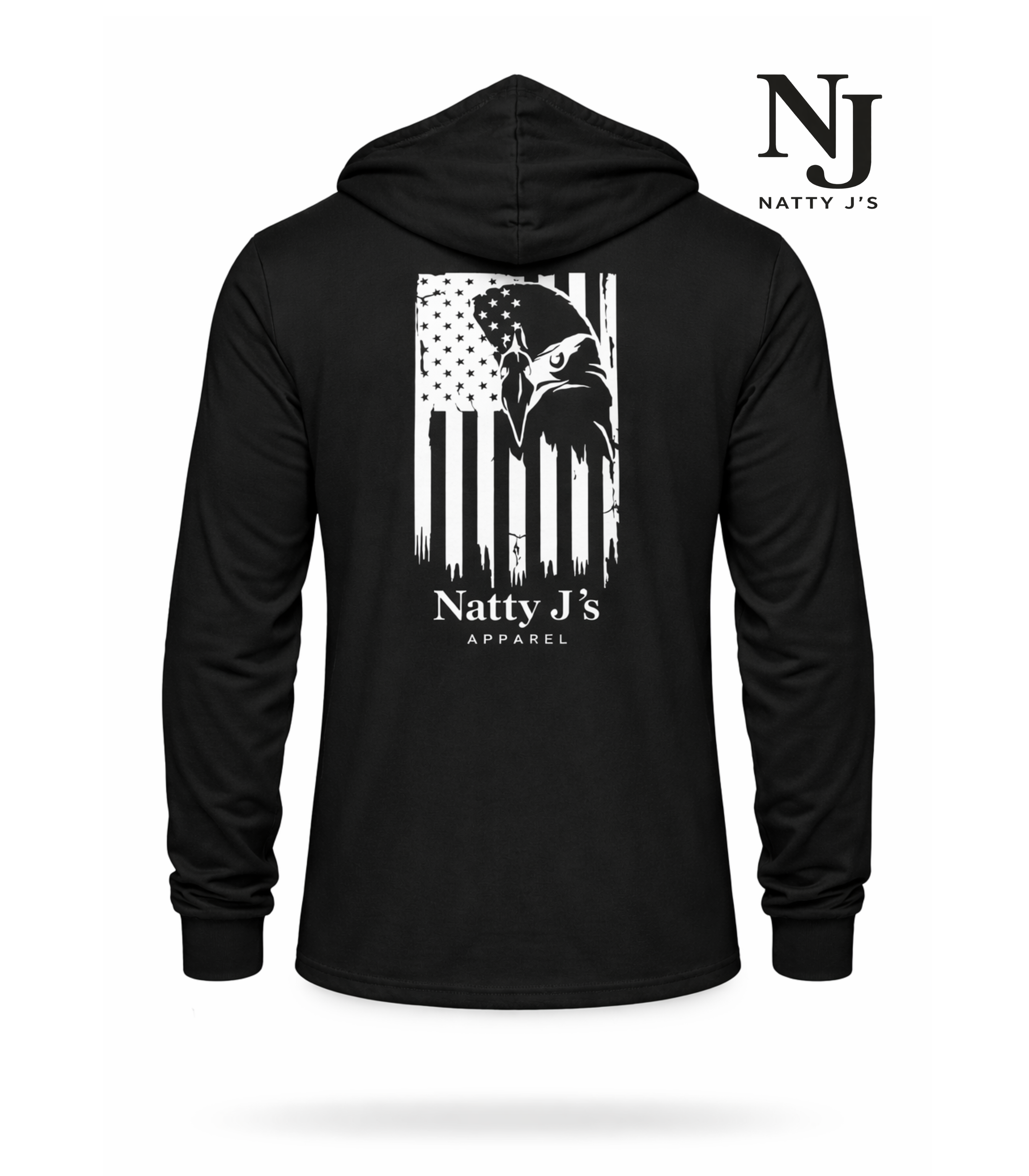 Black hoodie with Eagle Flag and 'Natty J's Apparel' logo and design on a white background