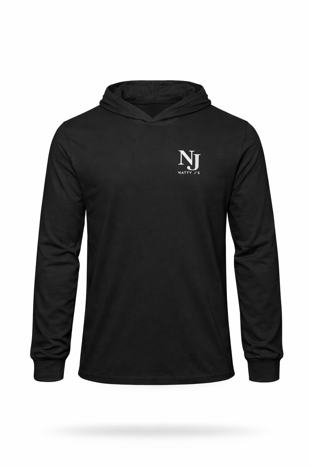 Black hoodie with a  'NJ Natty J's' logo on the chest against a white background