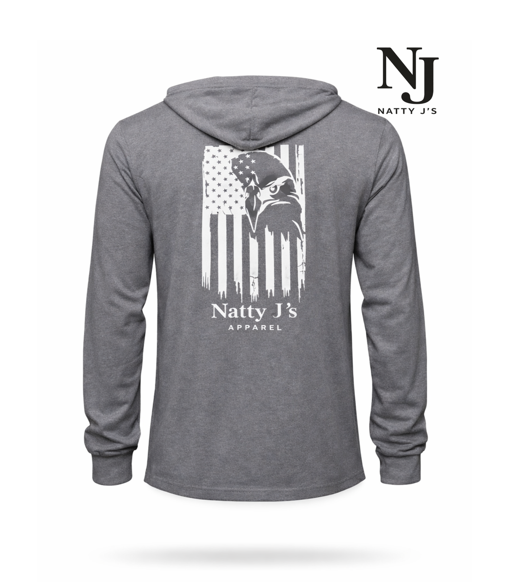 Gray hoodie with 'Natty J's Apparel' logo and Eagle Flag design on the back, on a white background.