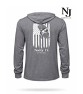 Gray hoodie with 'Natty J's Apparel' logo and Eagle Flag design on the back, on a white background.