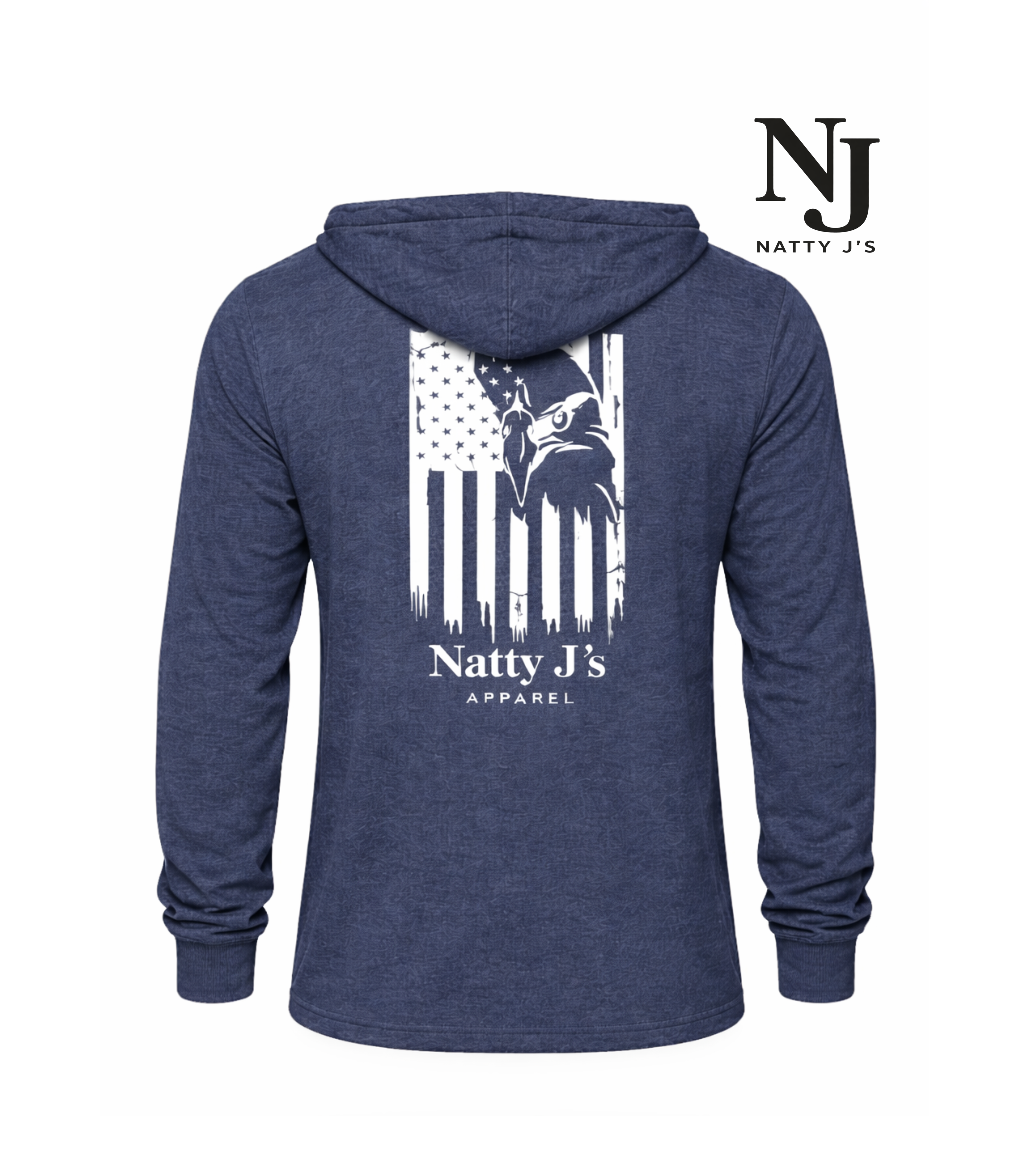Navy blue hoodie with white graphic Eagle Flag and 'Natty J's Apparel' text on a white background