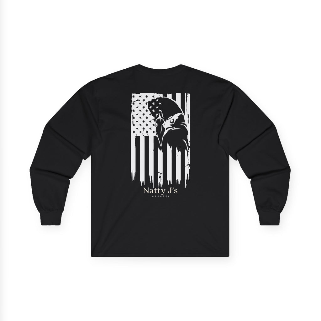 Navy blue long-sleeve shirt with white graphic design on a white background