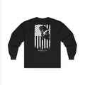 Navy blue long-sleeve shirt with white graphic design on a white background