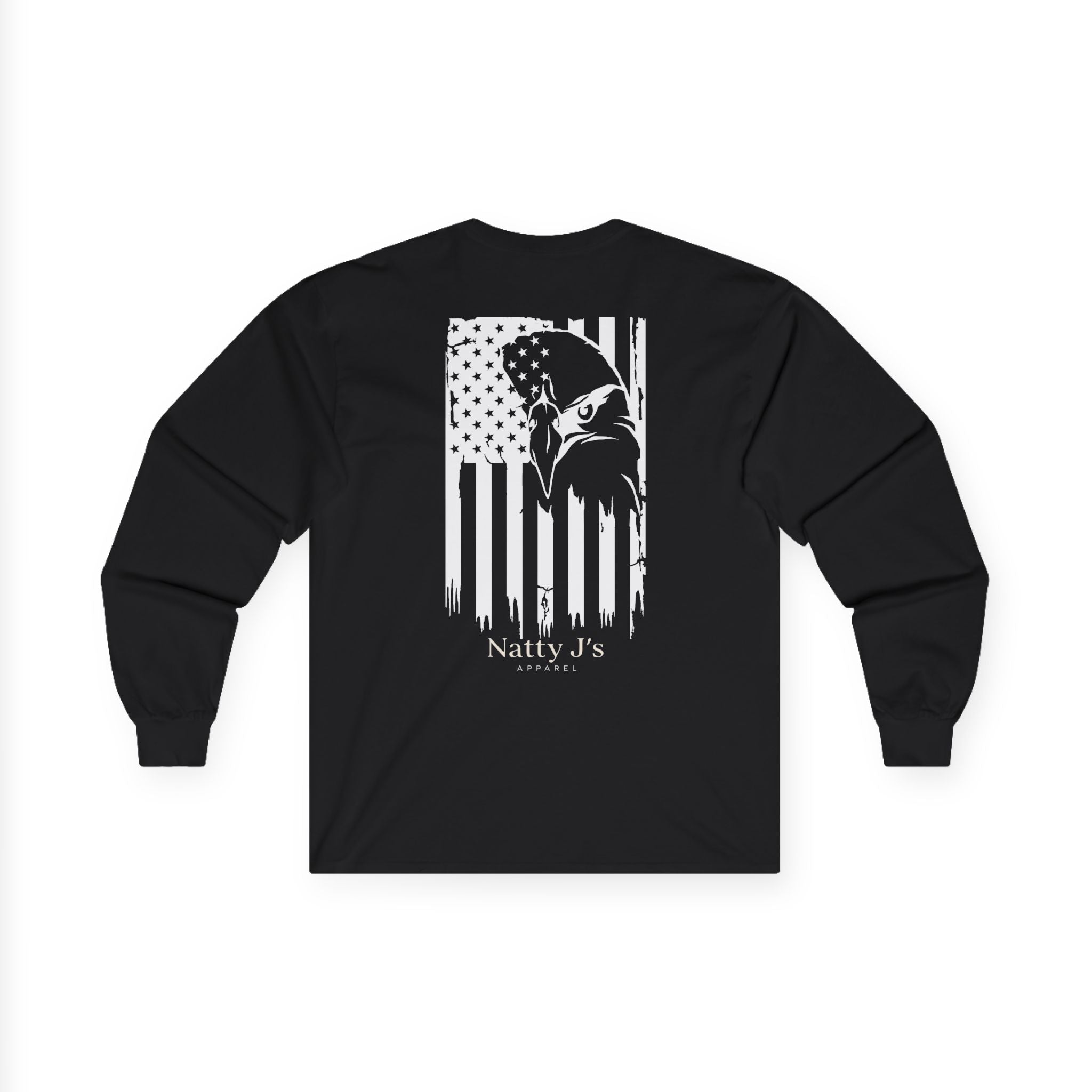 Navy blue long-sleeve shirt with white graphic design on a white background