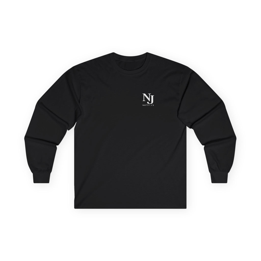 Dark gray long-sleeve shirt with a small logo on a white background