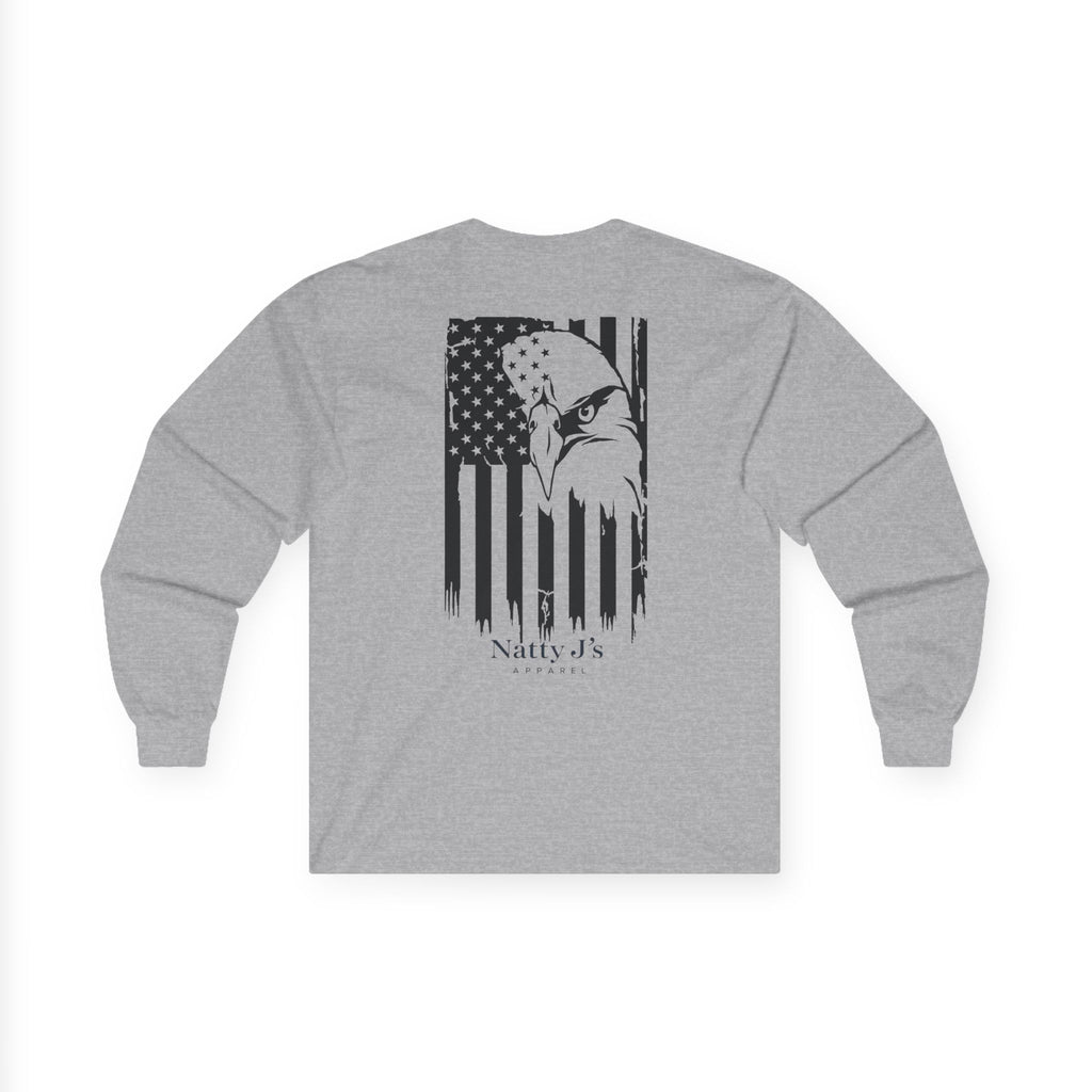 Gray long-sleeve shirt with an eagle and American flag design on a white background
