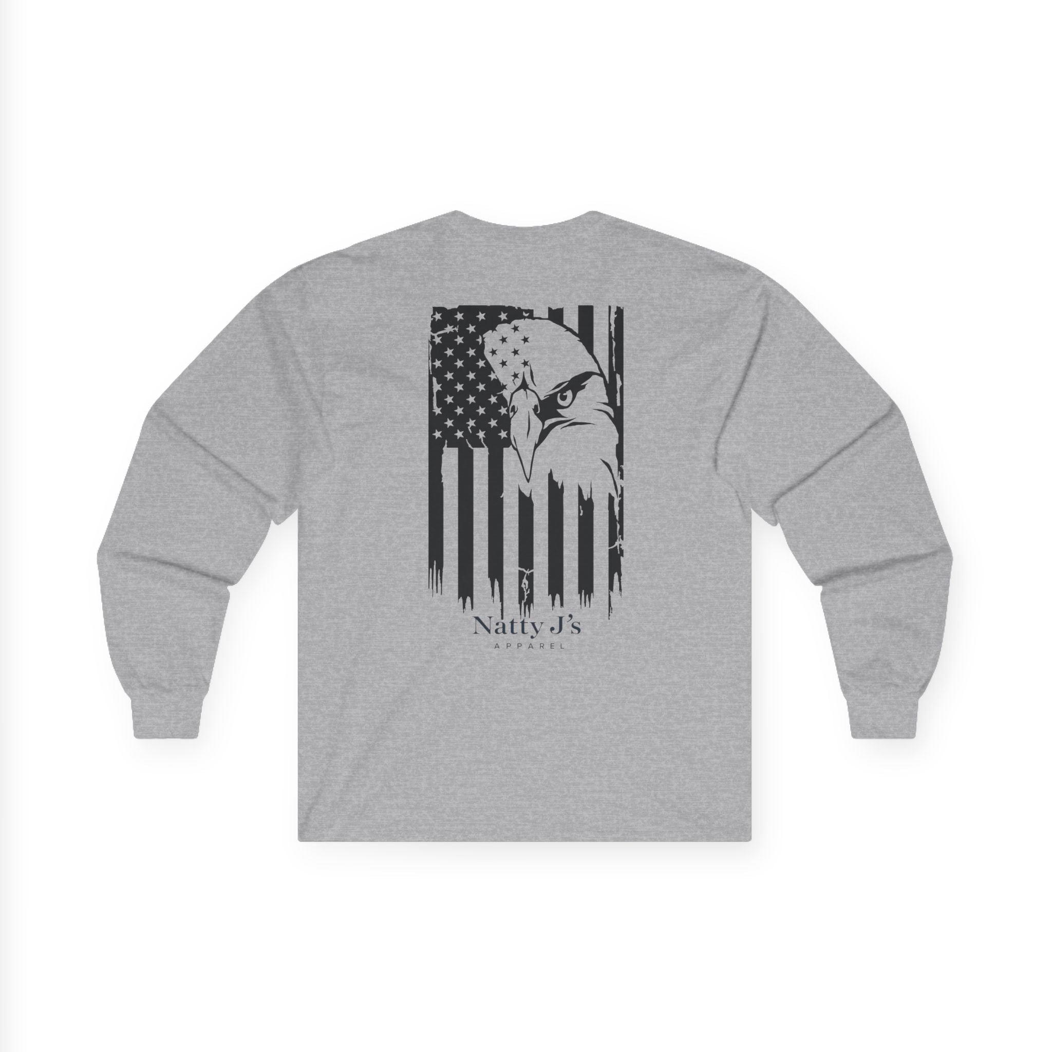 Gray long-sleeve shirt with an eagle and American flag design on a white background