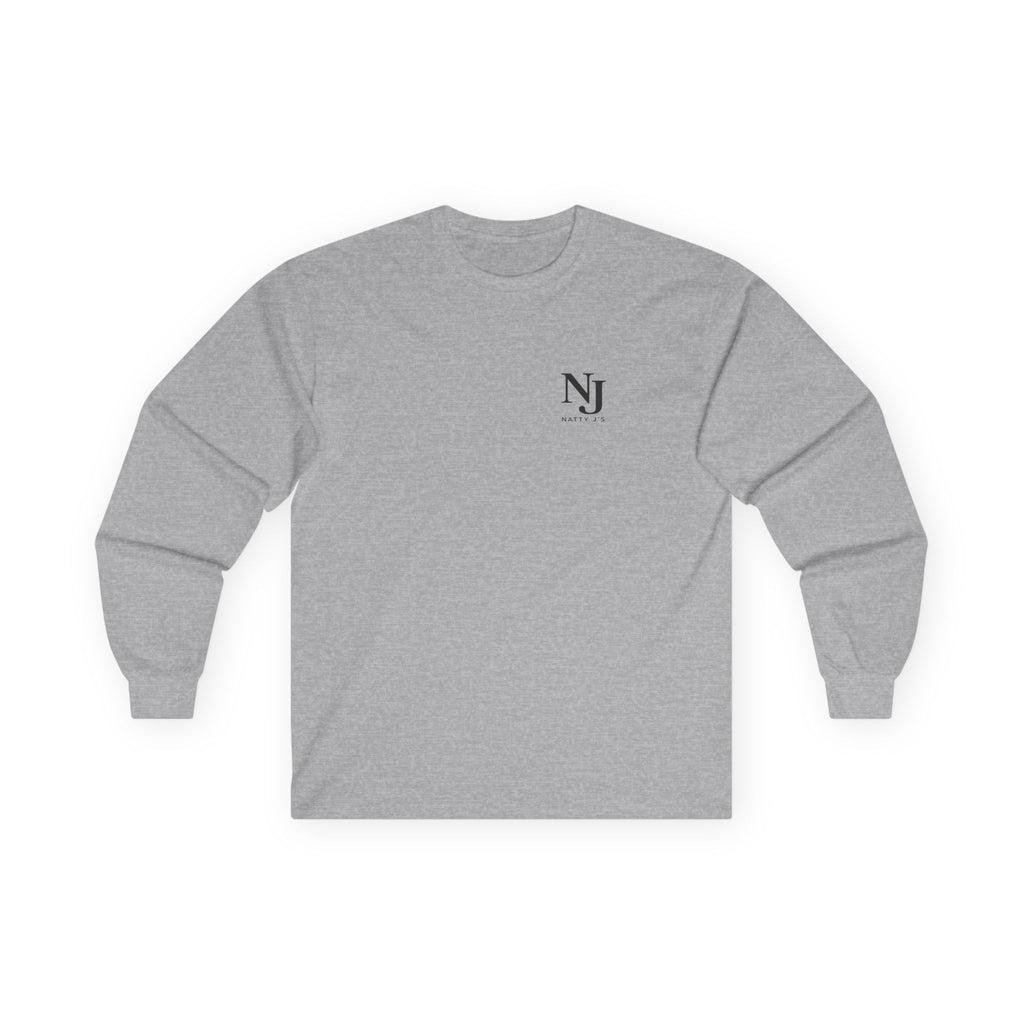 Gray long-sleeve shirt with a small logo on a white background