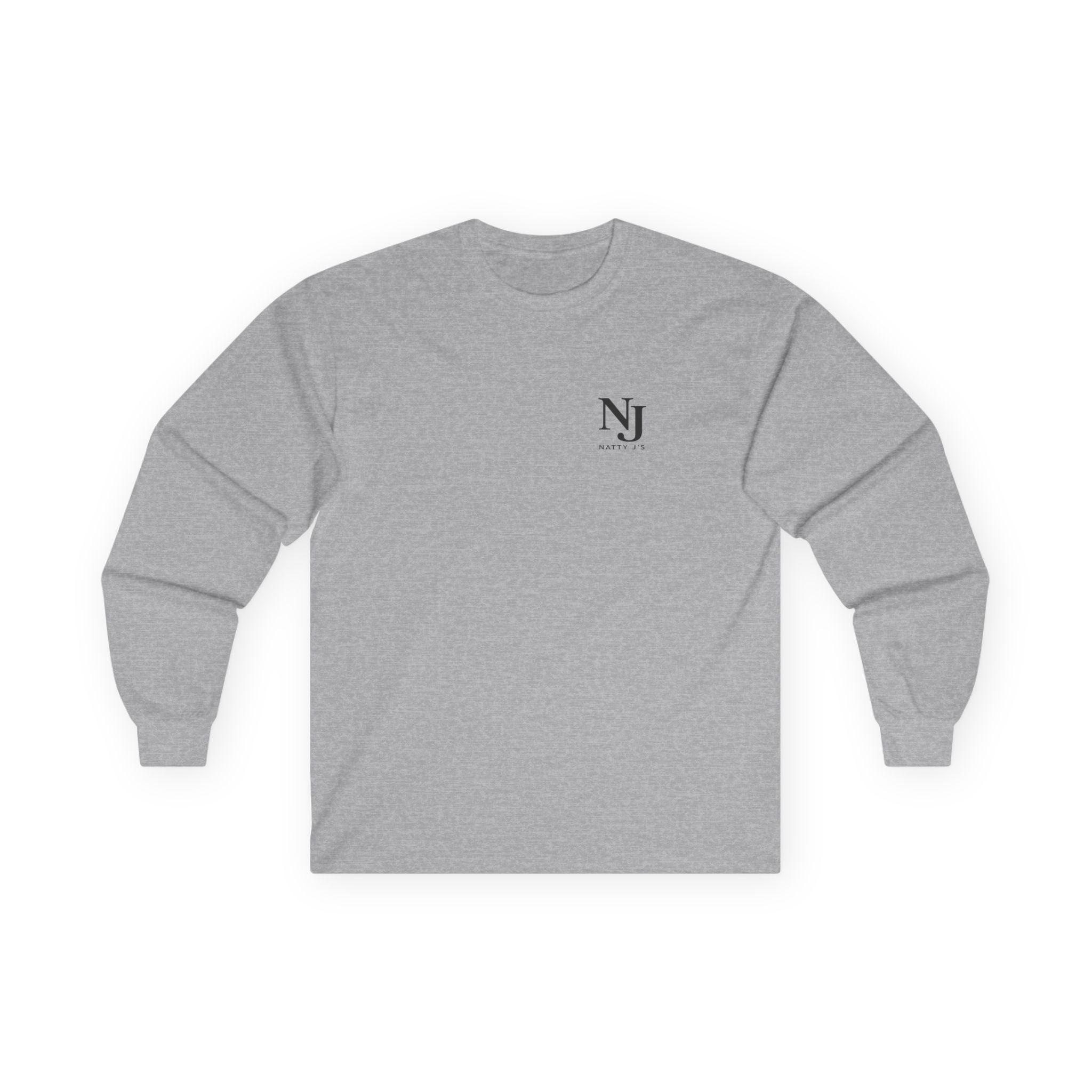 Gray long-sleeve shirt with a small logo on a white background