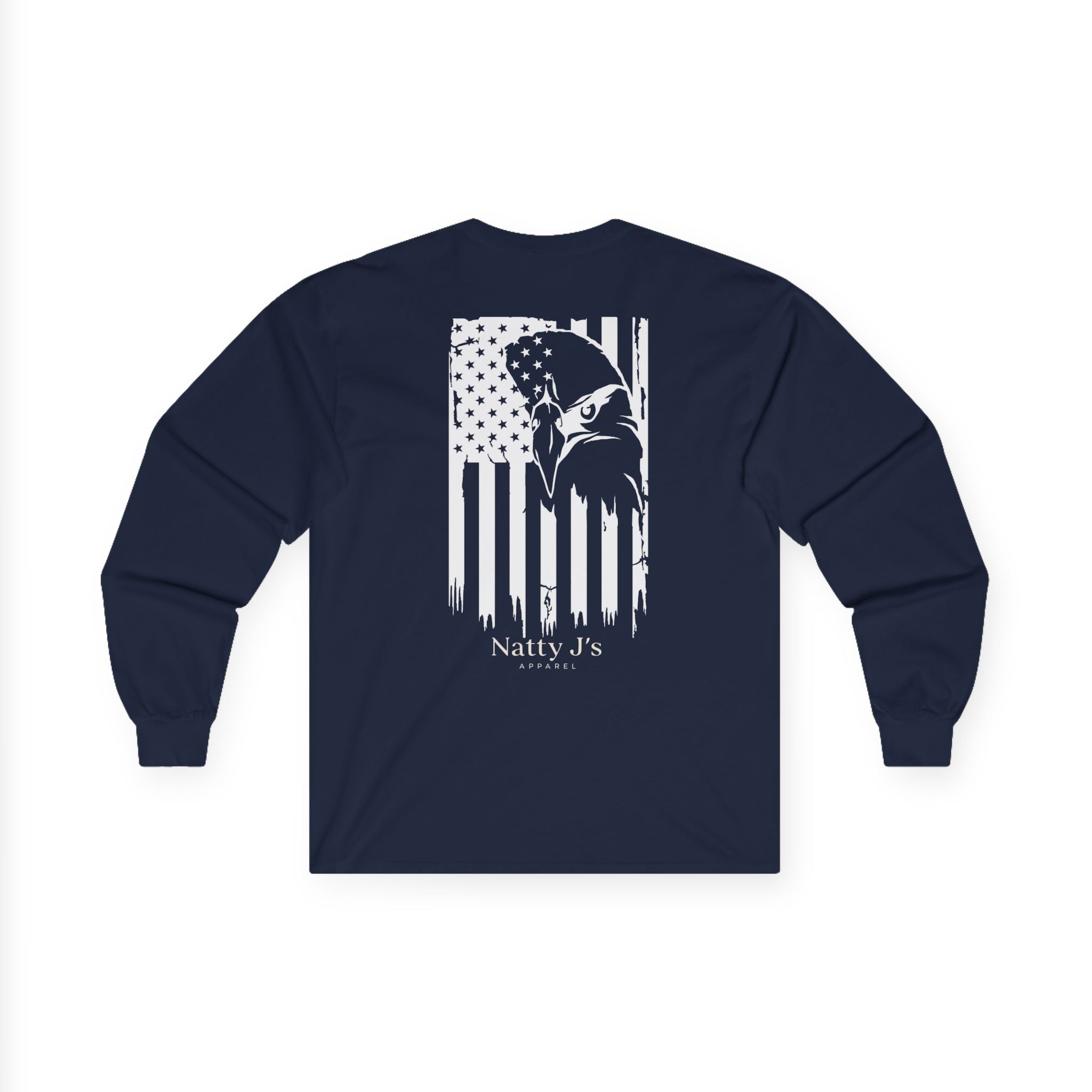 Navy blue long-sleeve shirt with white graphic design on a white background