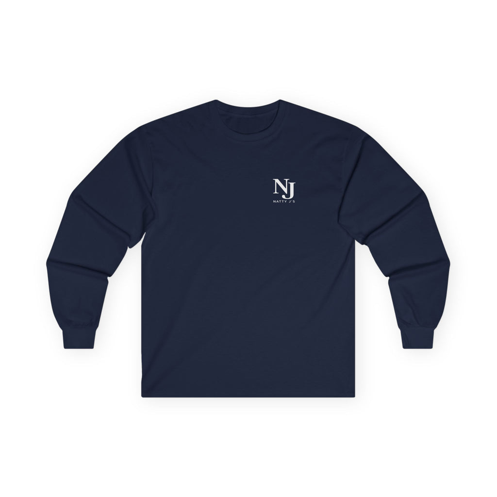 Navy long-sleeve shirt with a logo on a white background