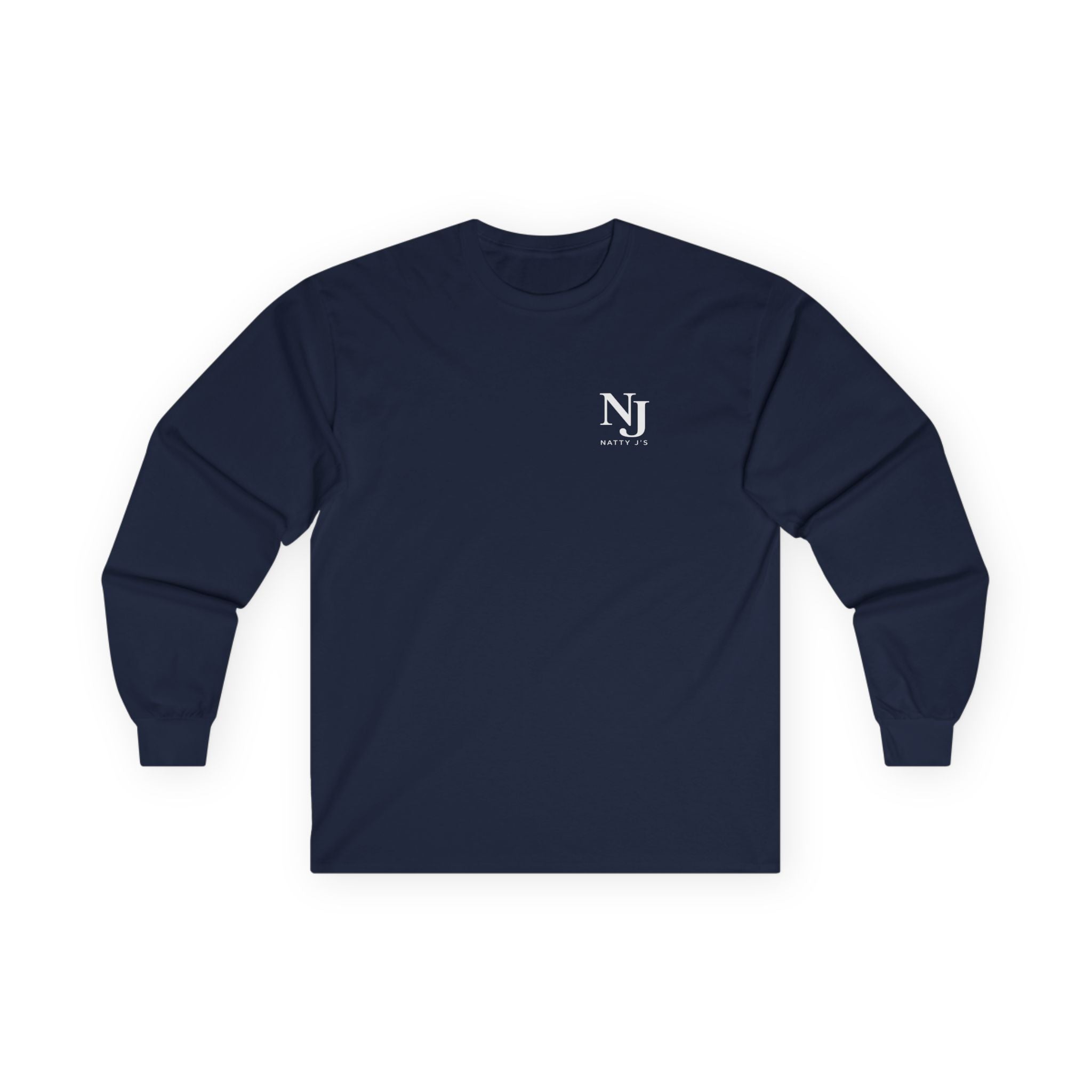 Navy long-sleeve shirt with a logo on a white background