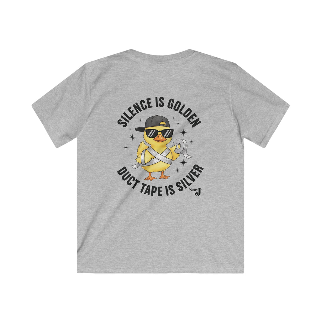 Gray t-shirt with a graphic of a duck wearing sunglasses and a cap, holding duct tape, on a white background.