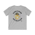 Gray t-shirt with a graphic of a duck wearing sunglasses and a cap, holding duct tape, on a white background.