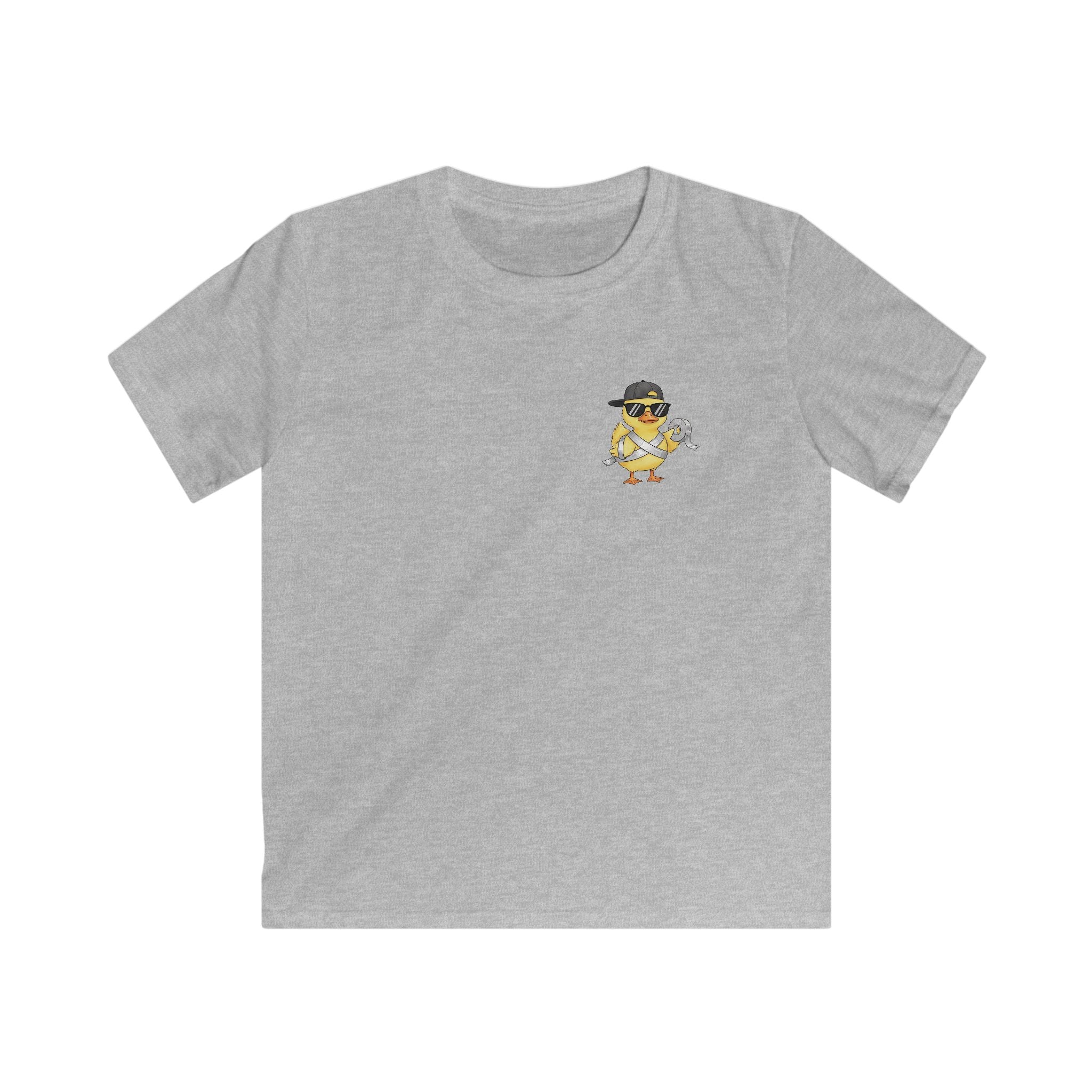 Gray t-shirt with a small yellow duck graphic on a white background