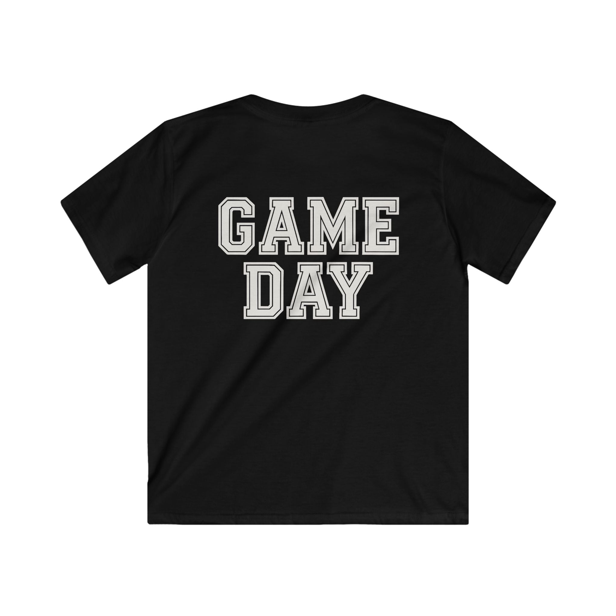 Black t-shirt with 'GAME DAY' text on a white background