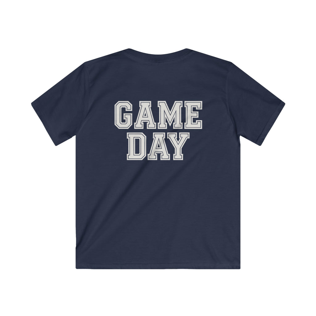 Navy blue t-shirt with 'GAME DAY' text on a white background