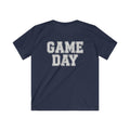Navy blue t-shirt with 'GAME DAY' text on a white background