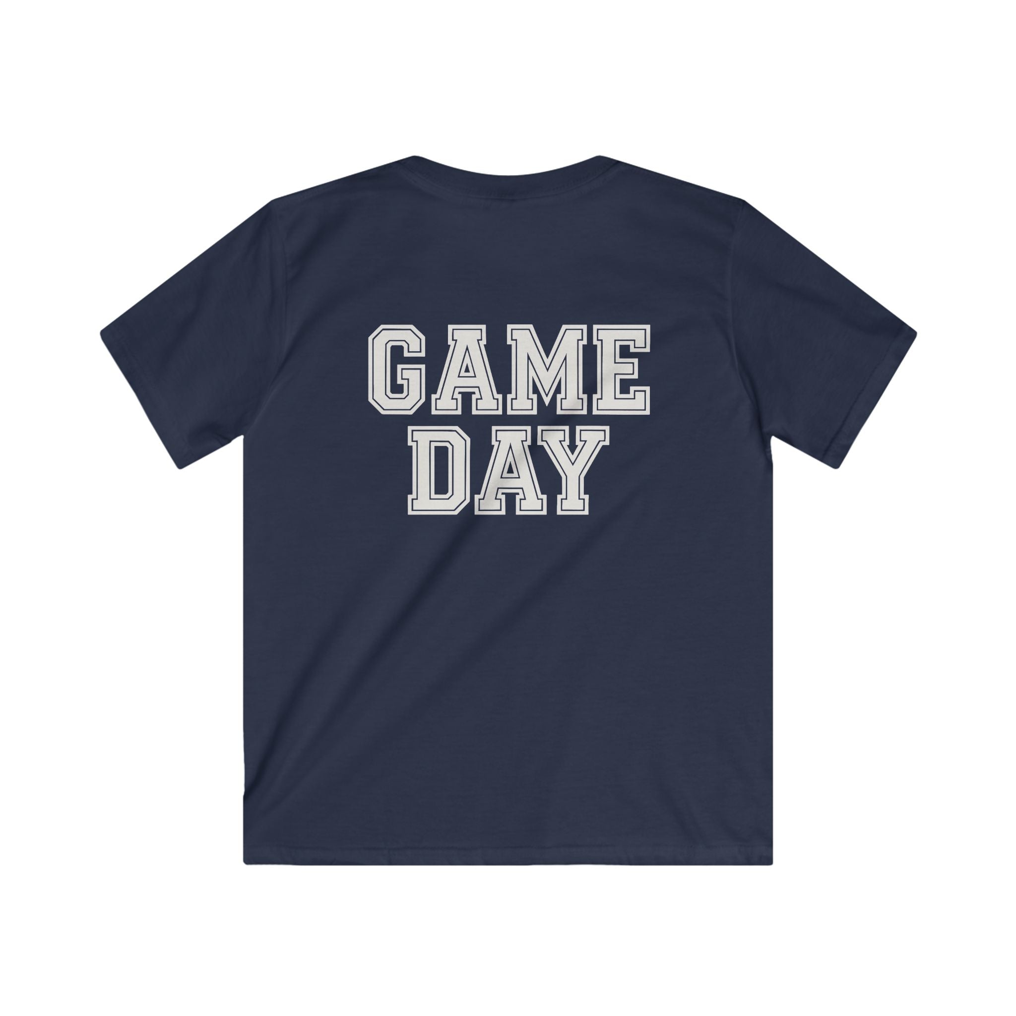 Navy blue t-shirt with 'GAME DAY' text on a white background