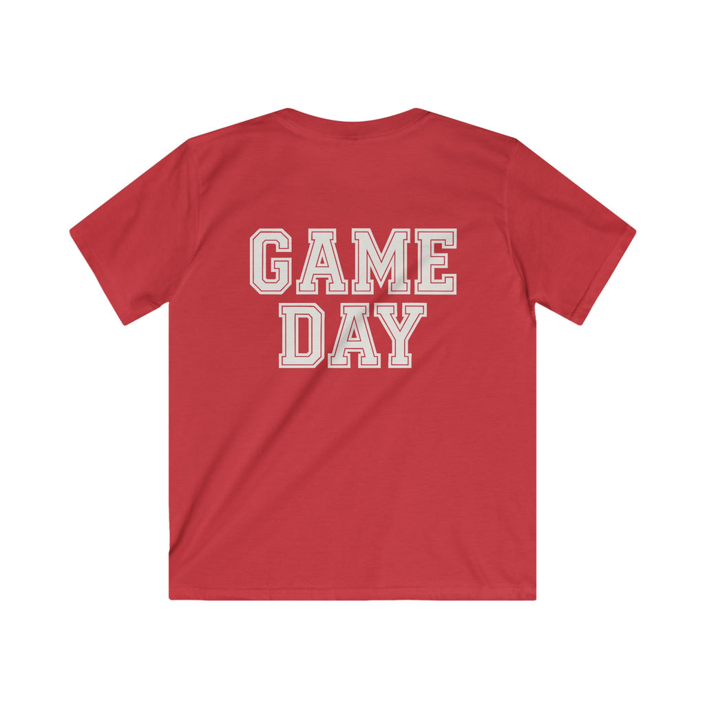 Red t-shirt with 'GAME DAY' text on the back against a white background