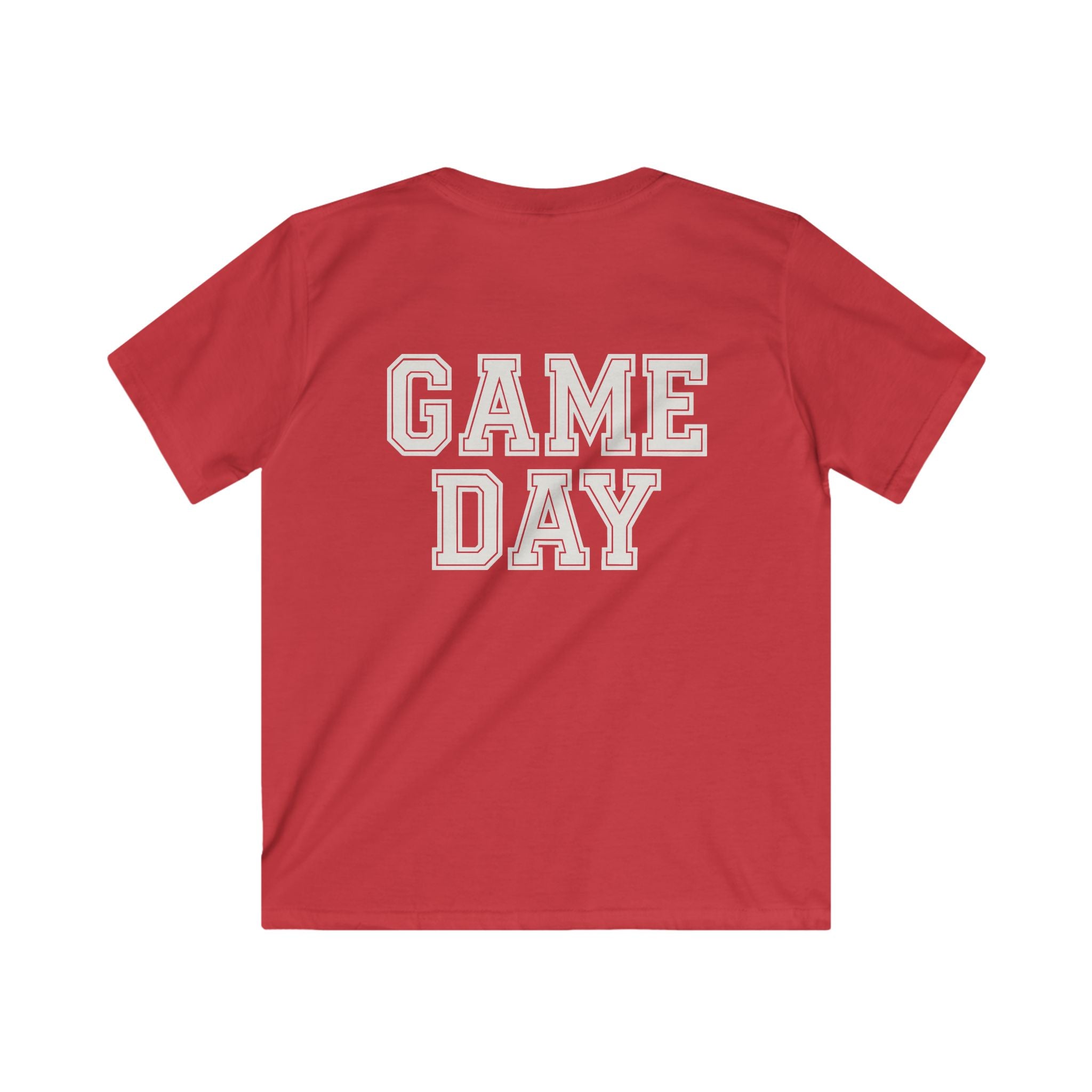 Red t-shirt with 'GAME DAY' text on the back against a white background