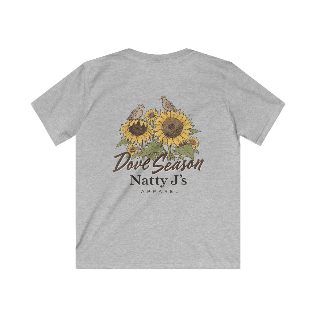 A heather gray short-sleeve t-shirt shown from the back, featuring a vintage-style graphic of two birds perched on sunflowers with the text 'Dove Season Natty J's APPAREL' printed below.