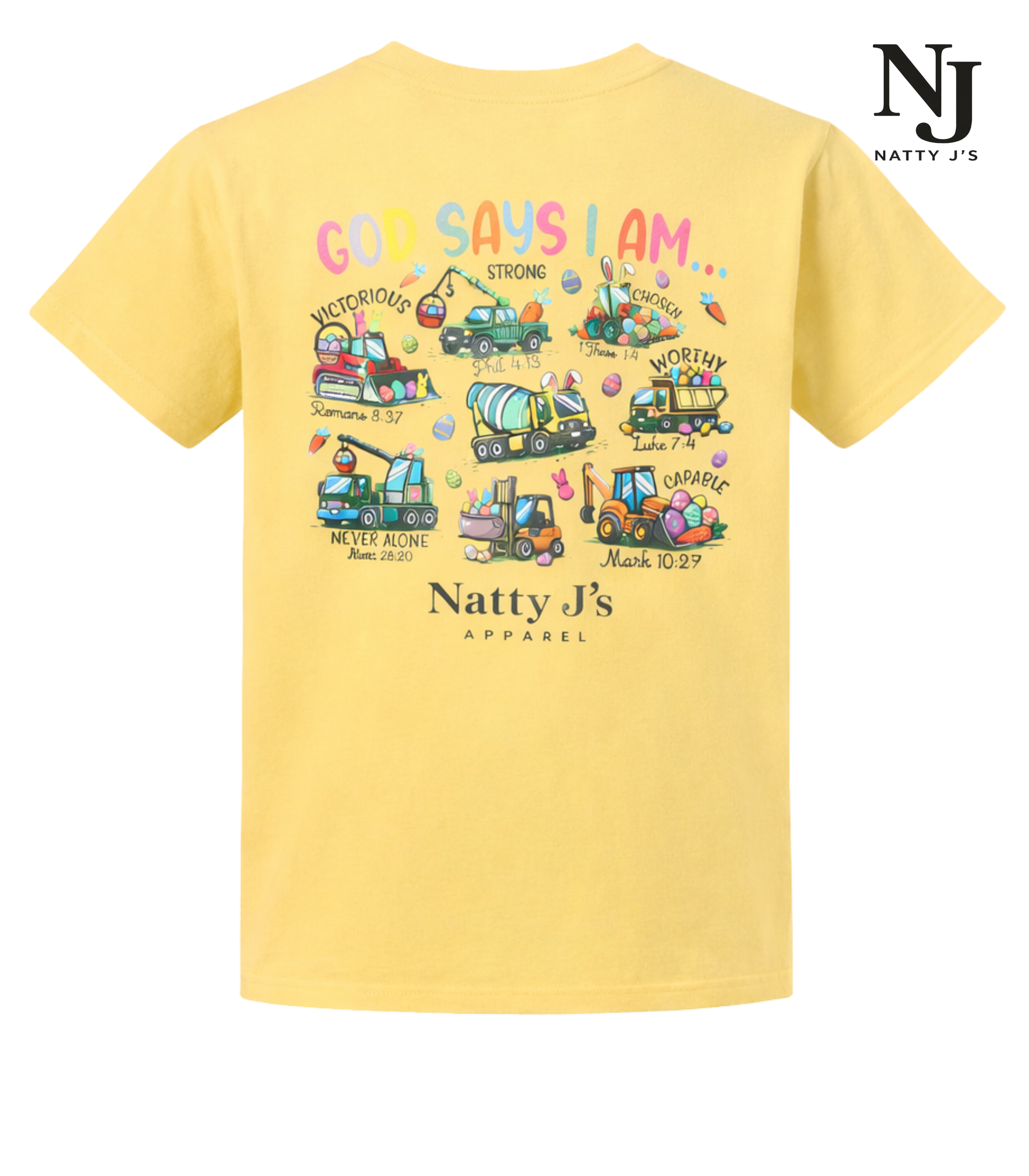 Yellow t-shirt with colorful graphic design and text on a white background