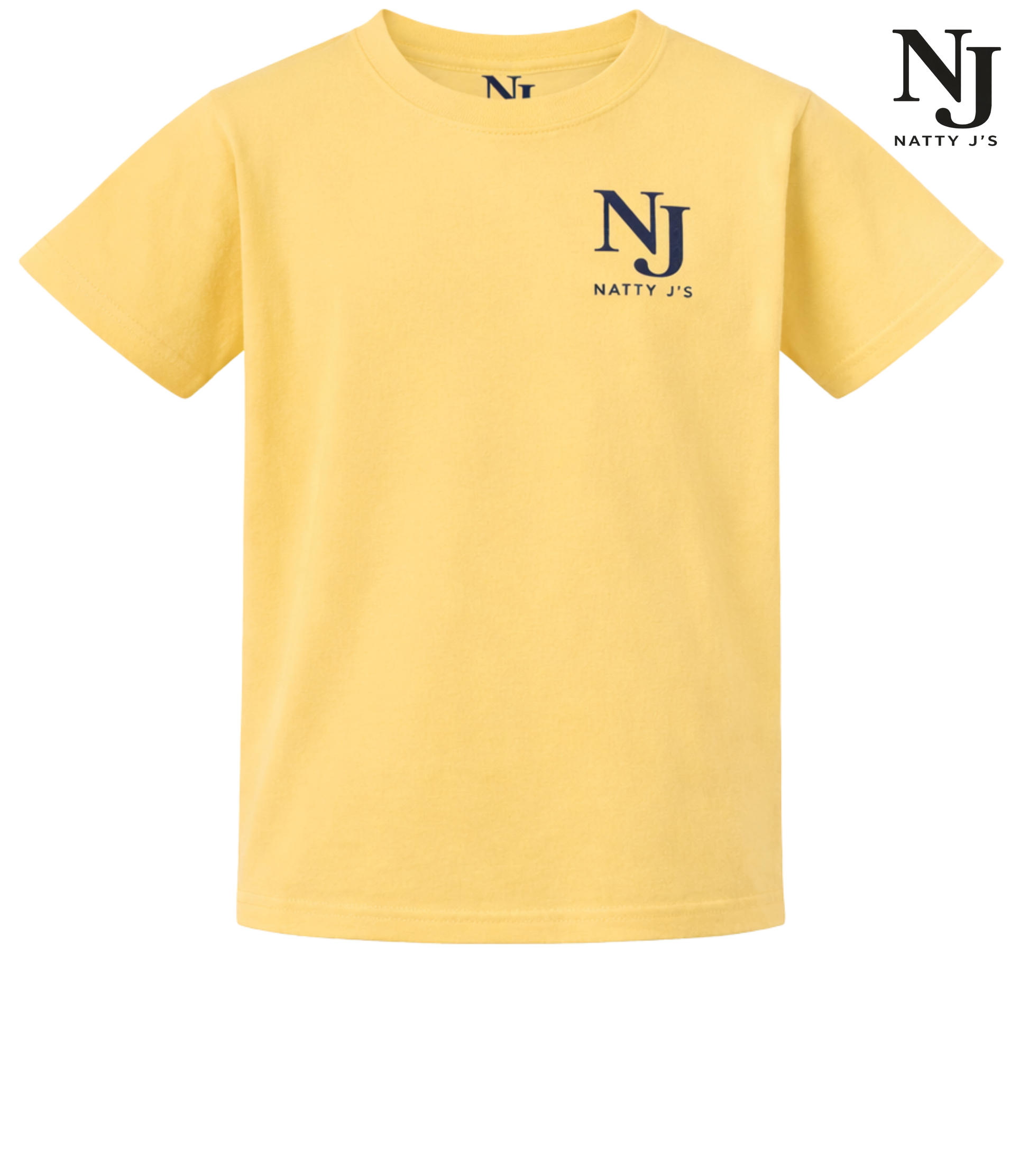 Yellow t-shirt with 'Natty J's' logo on a white background