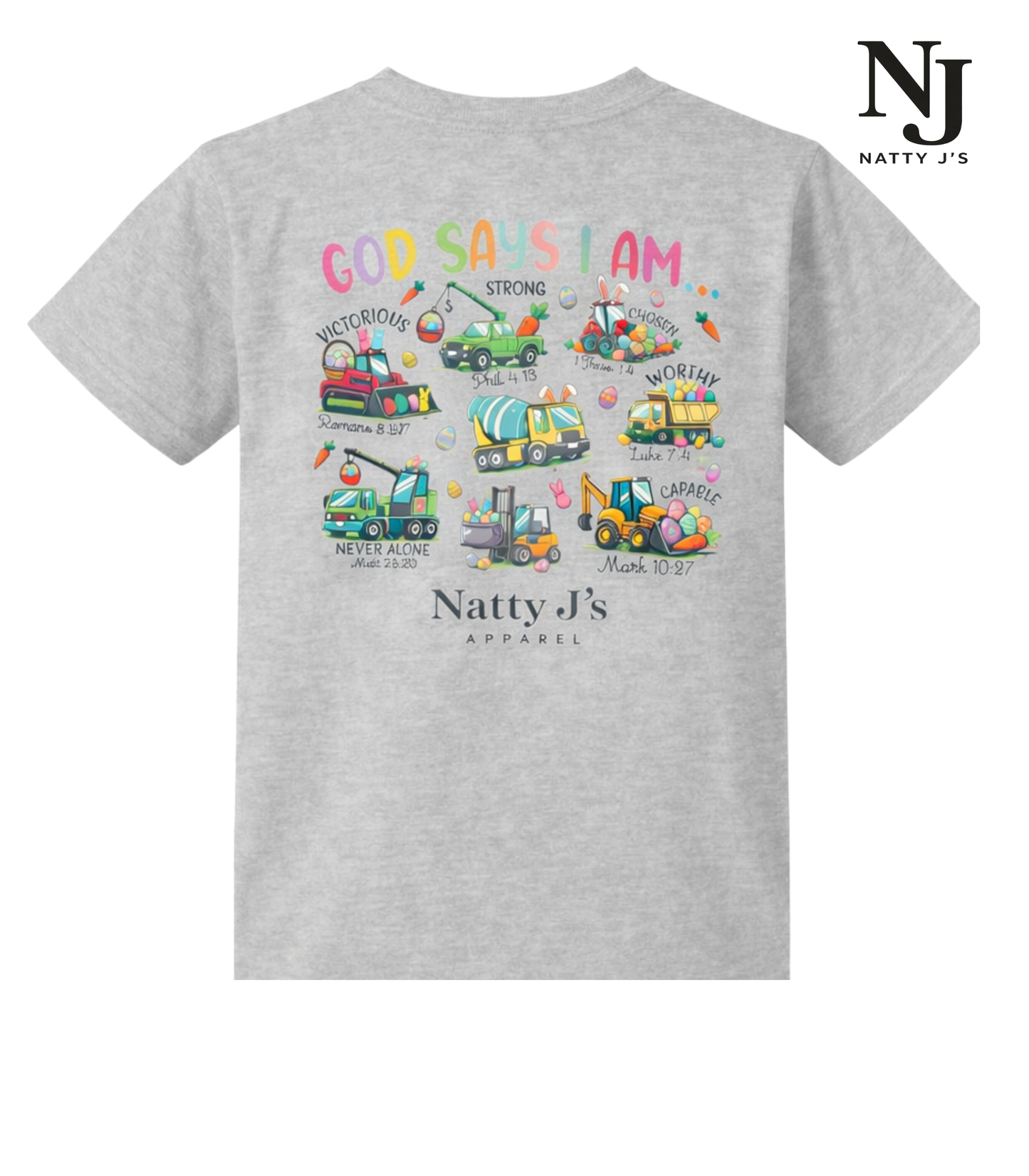 Gray t-shirt with colorful graphic design and text on a white background, featuring the brand 'Natty J's'.