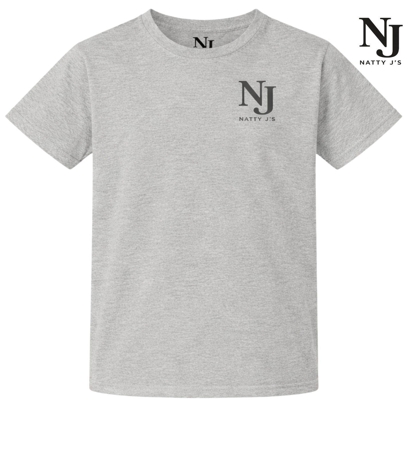 Gray t-shirt with Natty J's logo on a white background