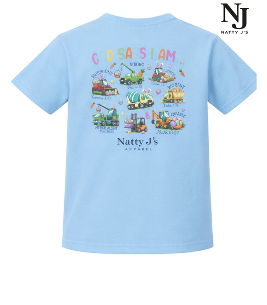 Light blue t-shirt with colorful graphic design and 'Natty J's' branding on a white background