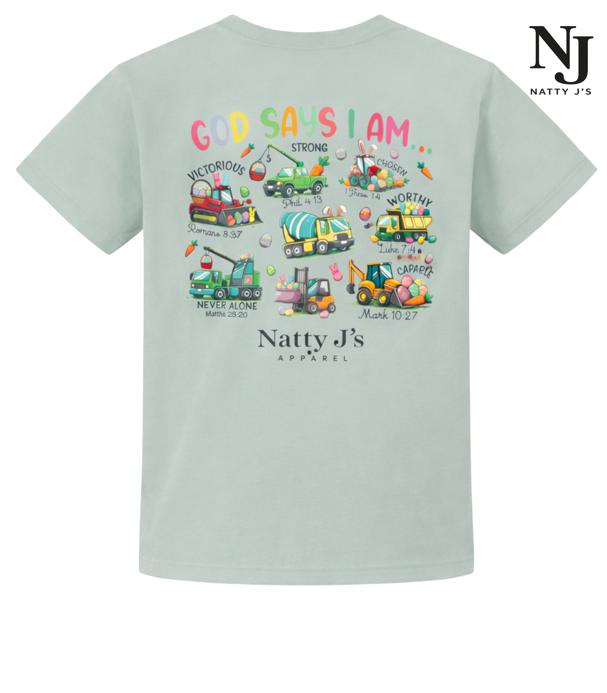 Silver t-shirt with colorful graphic design and text on a white background