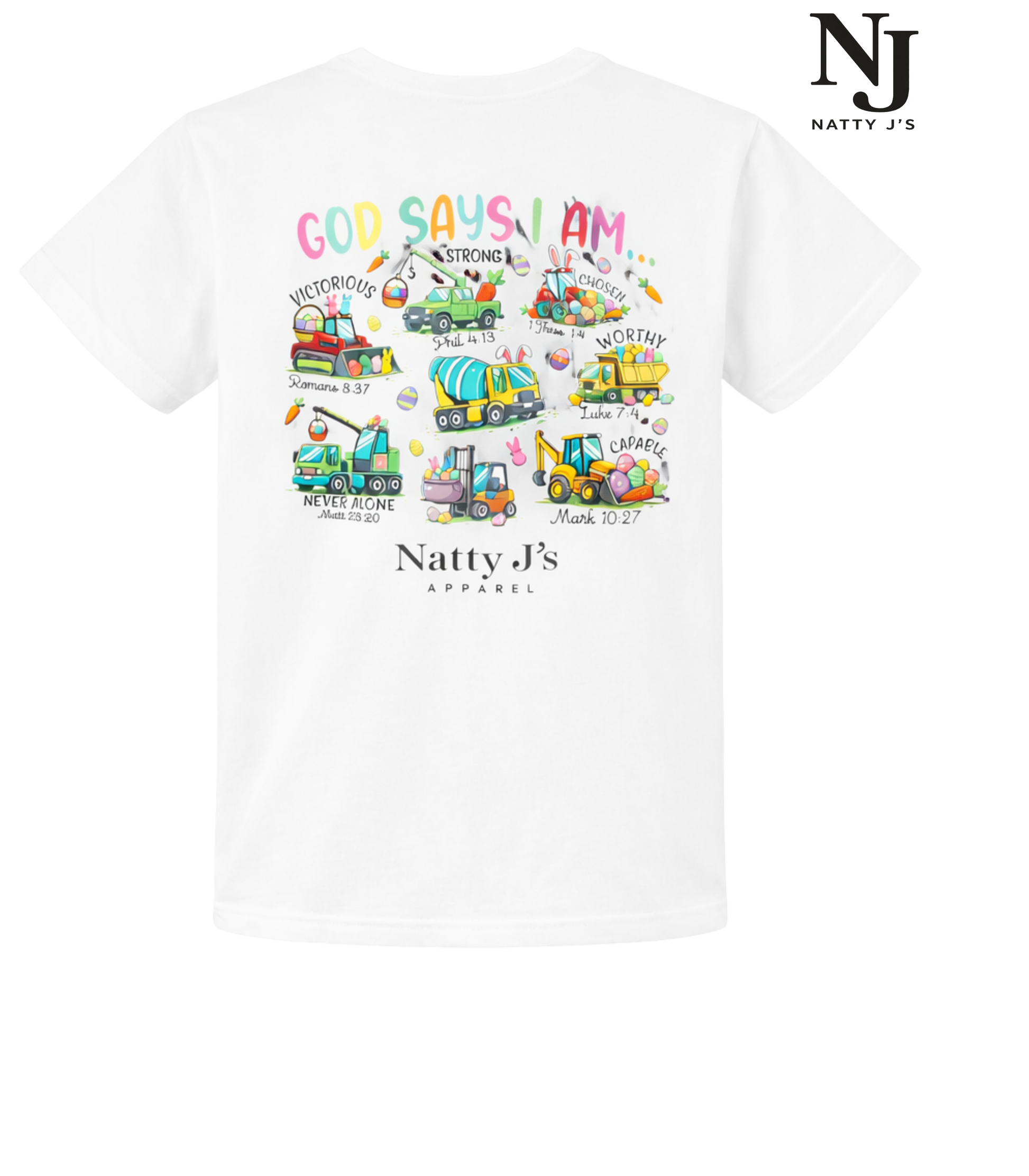 White t-shirt with colorful graphic design and text on a white background, featuring the brand 'Natty J's'.