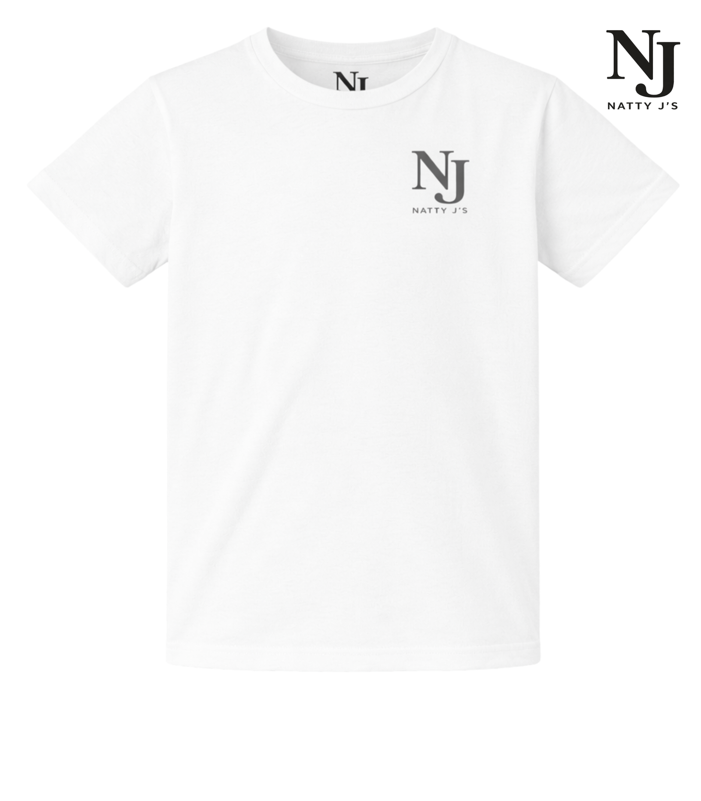 White t-shirt with 'NJ' logo on a white background