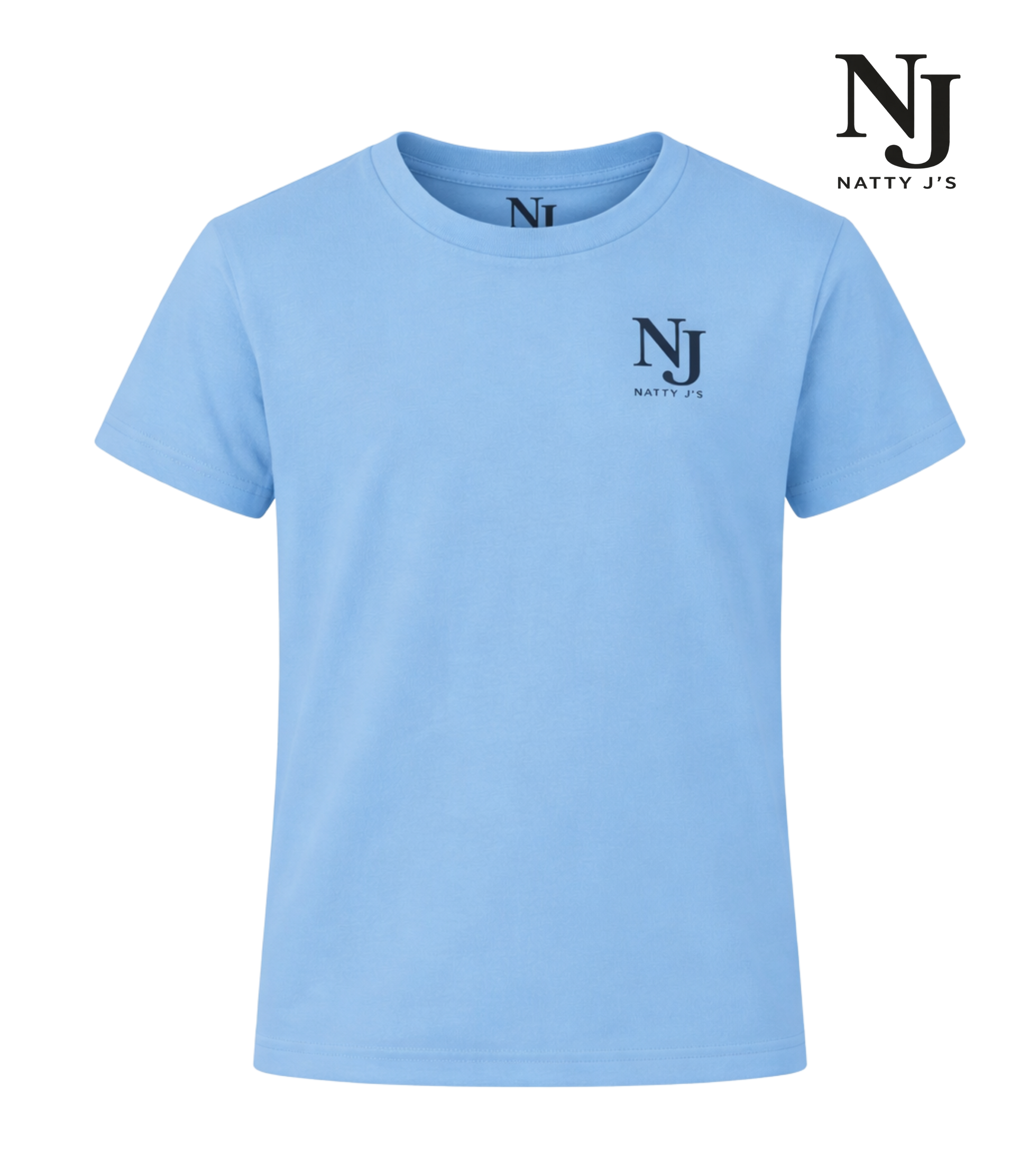 Light blue t-shirt with 'NJ Natty J's' logo on a white background
