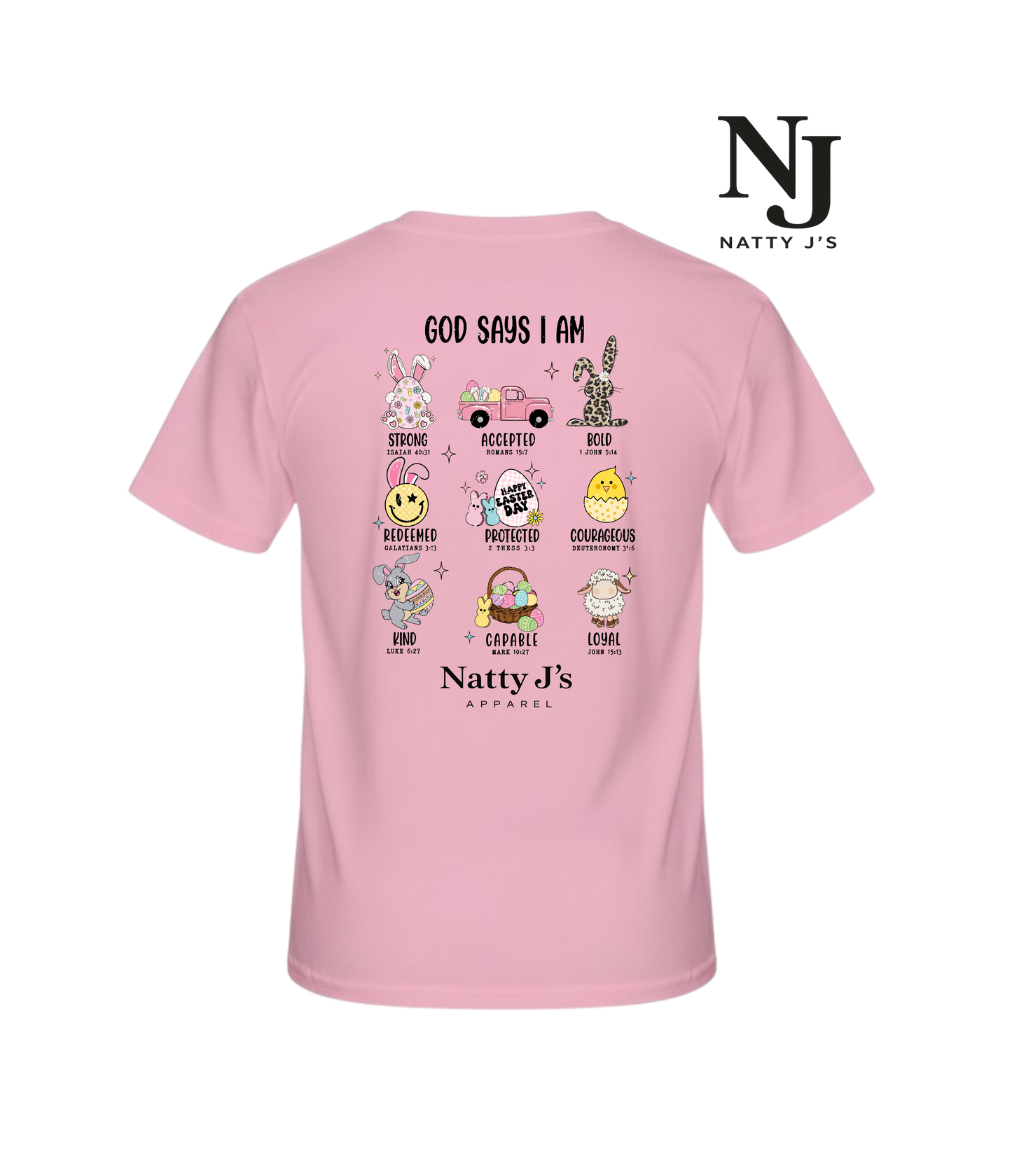 Pink t-shirt with colorful Easter graphics and biblical affirmations text on a white background, featuring the brand 'Natty J's apparel'.