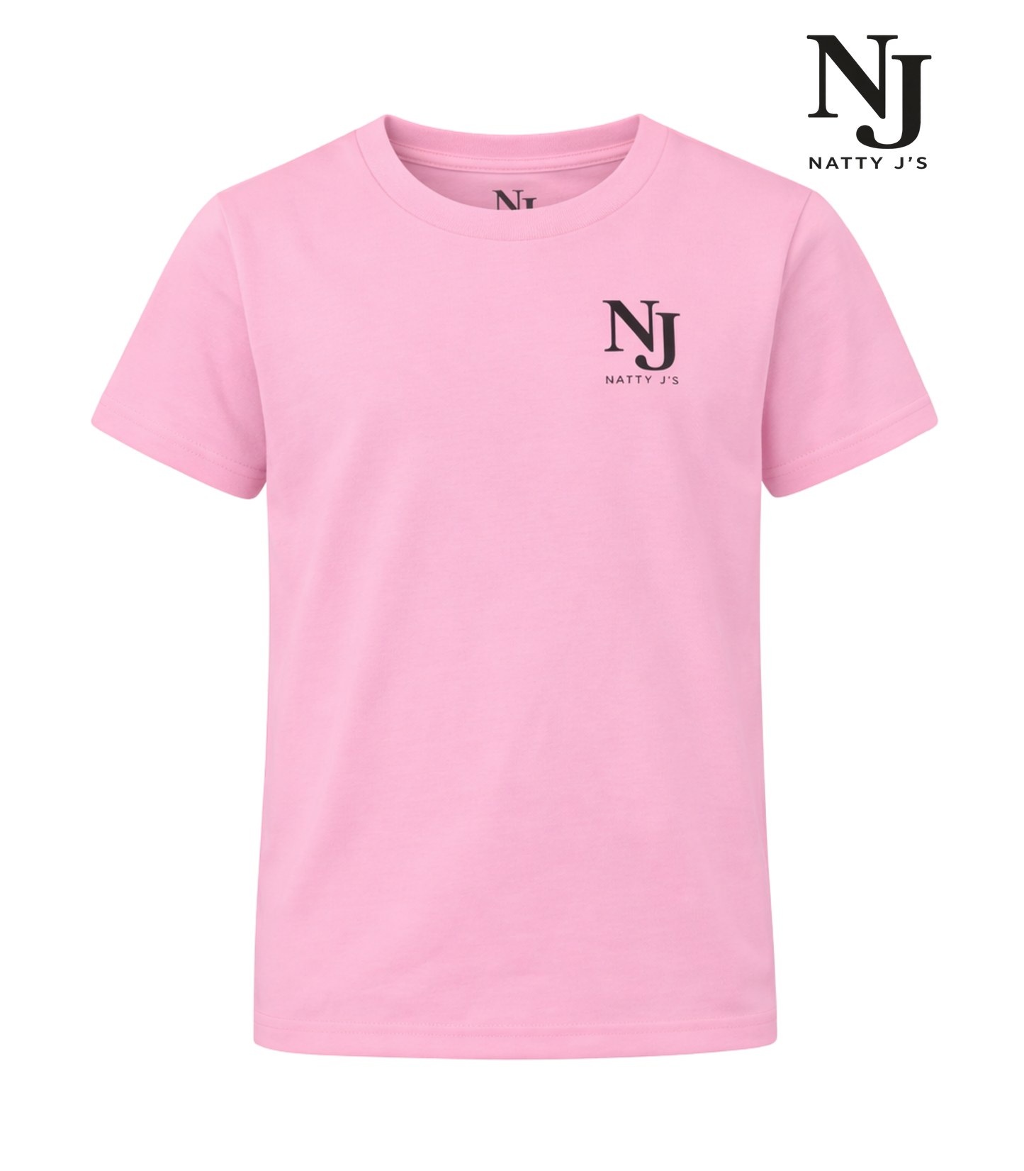 Pink t-shirt with NJ Natty J's logo on a white background