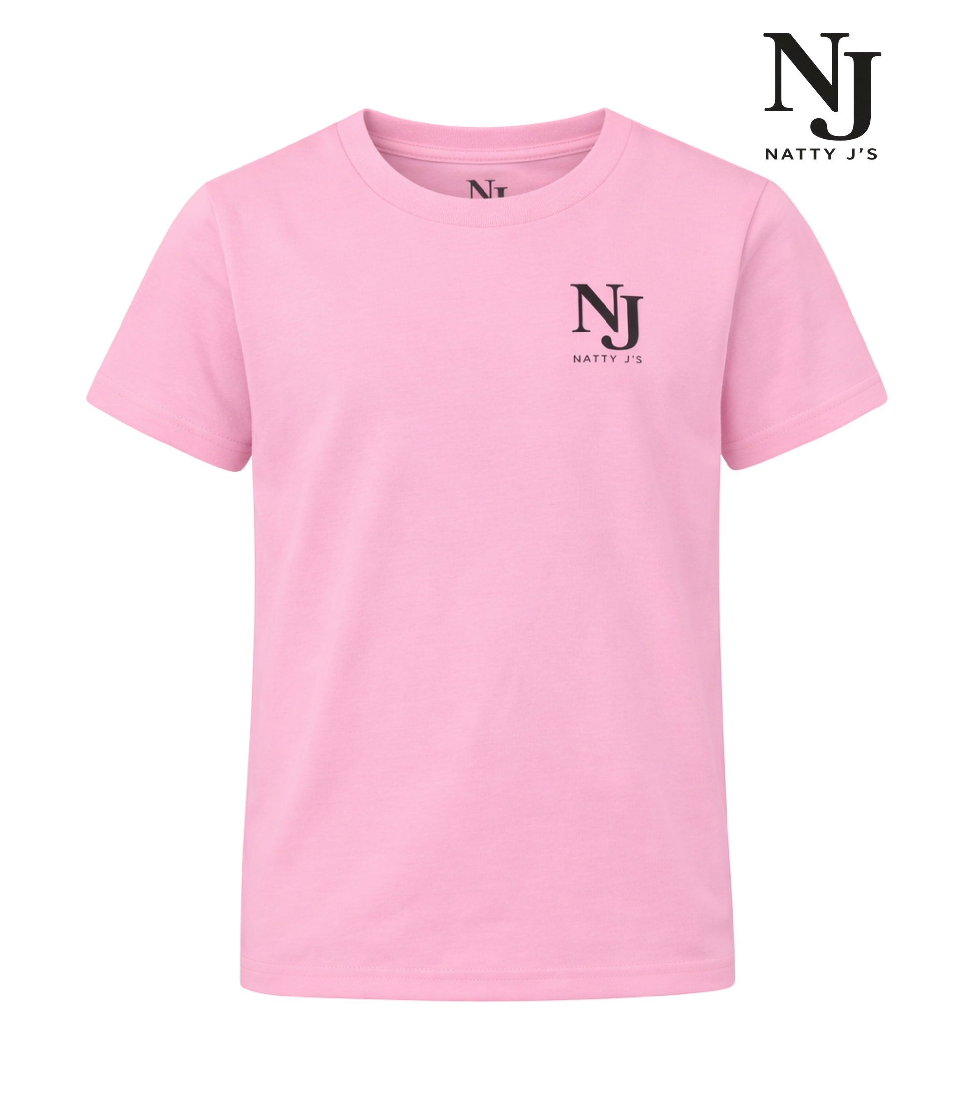 Pink t-shirt with NJ Natty J's logo on a white background