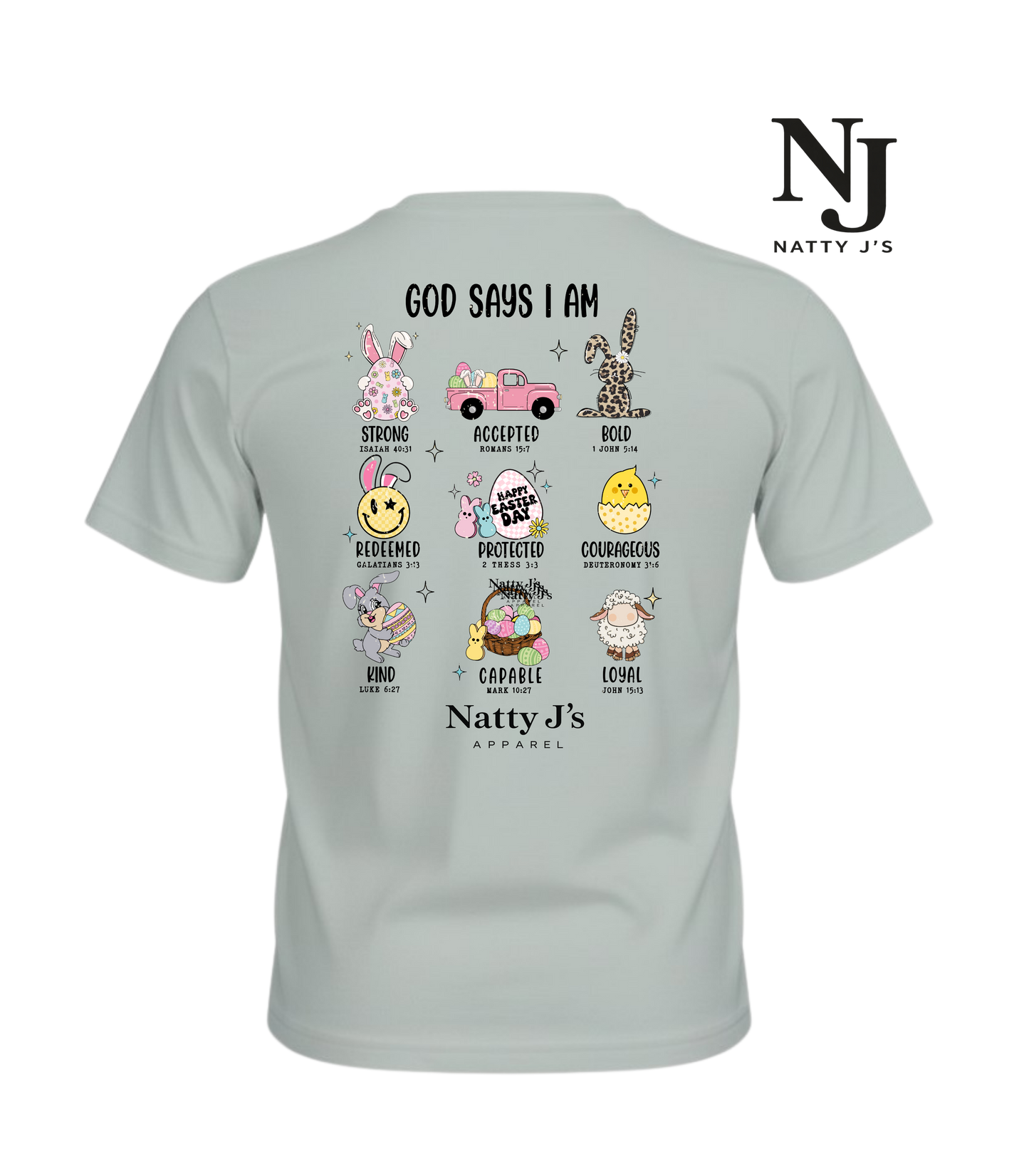 Silver t-shirt with Easter cartoon illustrations and Biblical Affirmations  text on the back, featuring the brand 'Natty J's Apparel'.