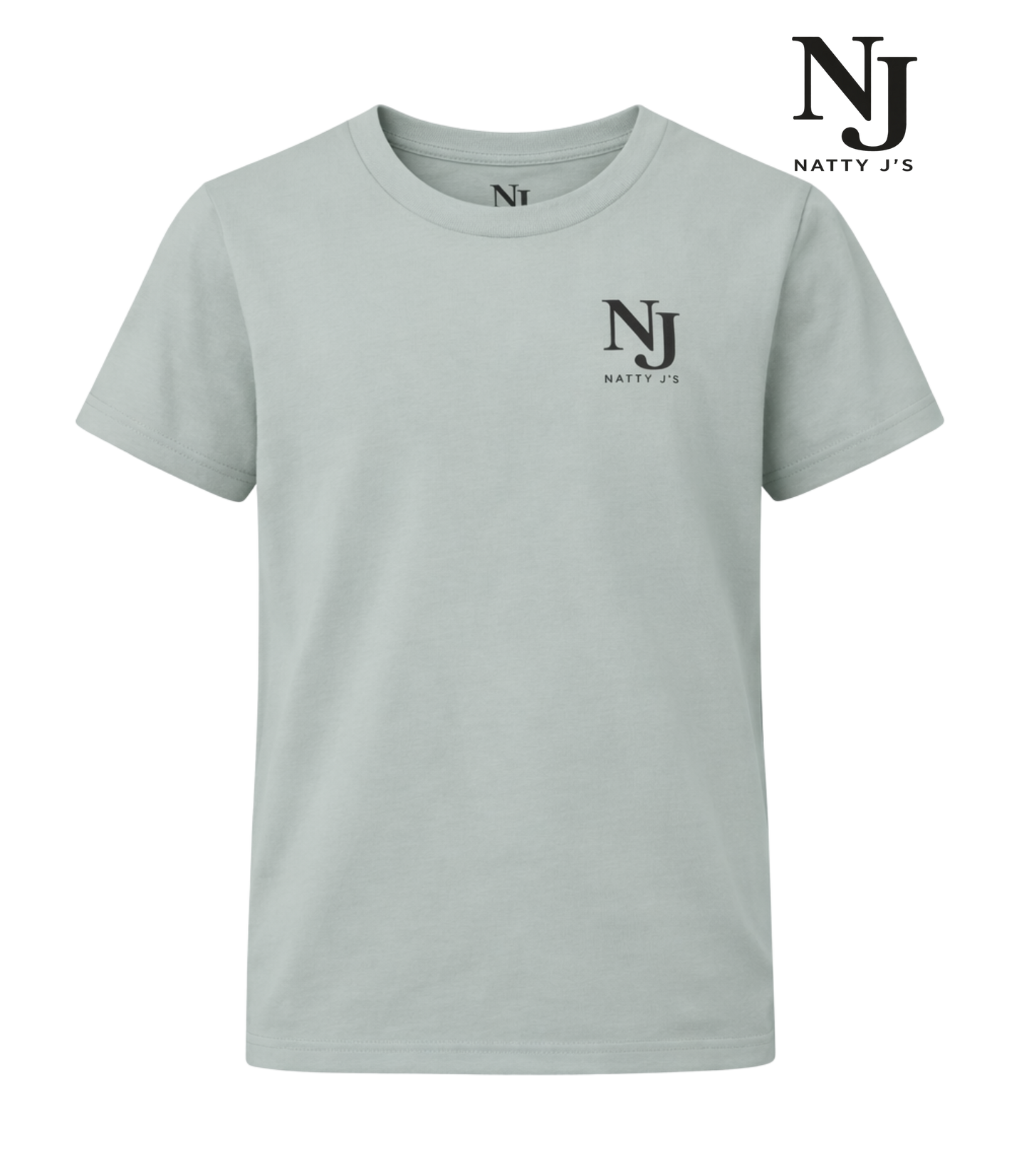 Silver t-shirt with NJ Natty J's logo on a white background