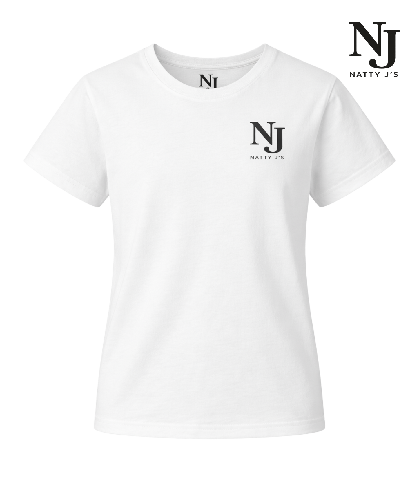 White t-shirt with NJ Natty J's logo on a white background